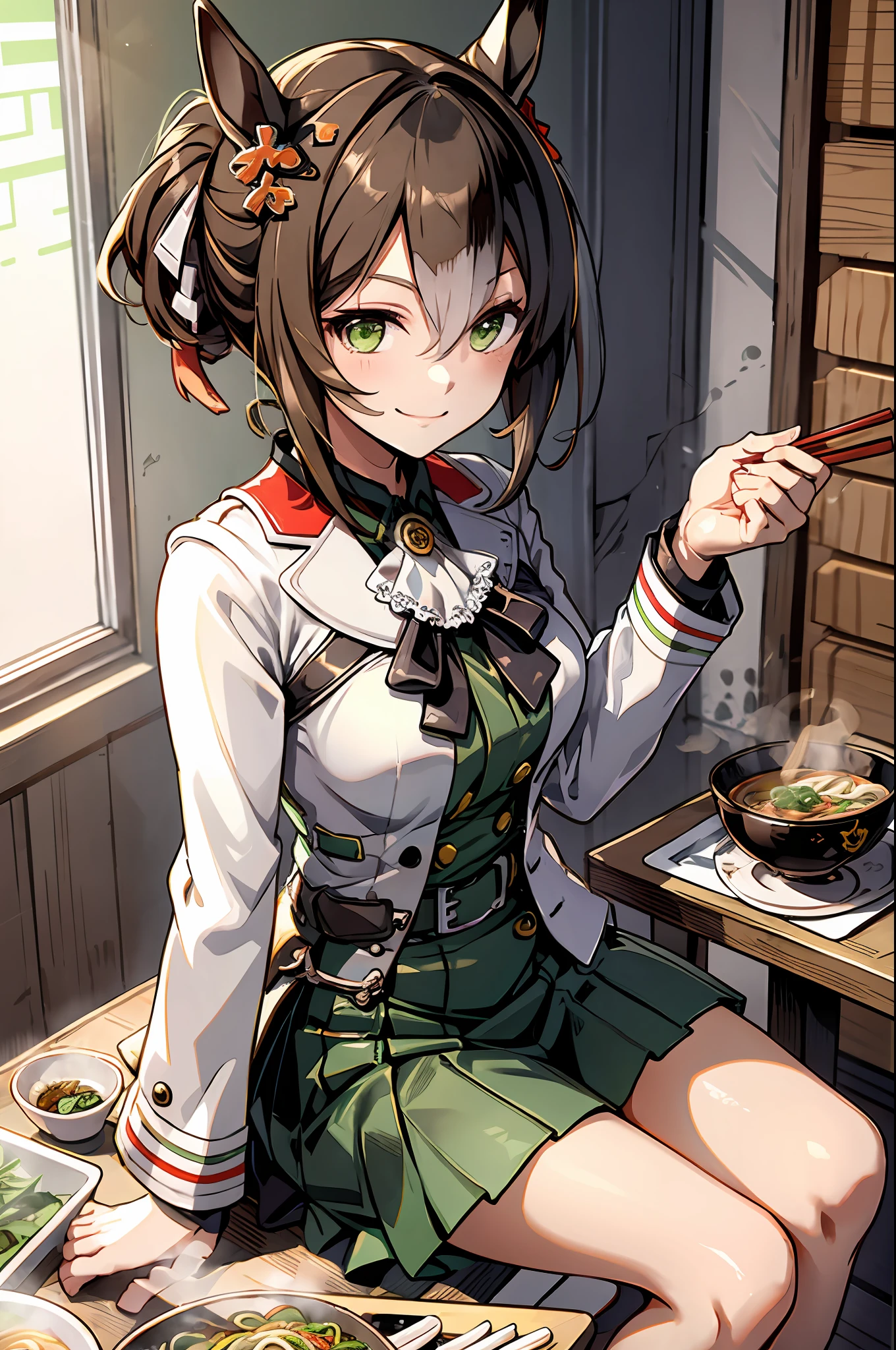 Maste Piece, Best Quality, Fine Motion \(Umamusume\), Green skirt, belts, rcasual, White shirt, Smile, (Sitting:1.1), holding chopsticks and ramen bowl, ramen,(eating ramen noodles:1.0), bowl, tables