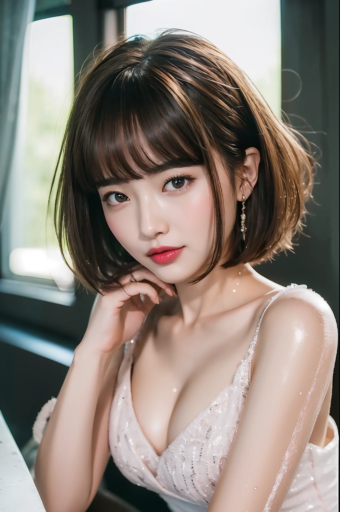 japanese beautiful woman,Ultra detailed skin,Ultra-fine,toView,Brown-eyed,drooing eyes,high detailing,(short-haired with bangs:1.2),(photorealisitc:1.4),(Top image quality:2.0),(Super-High Resolution:1.0), (​masterpiece:1.5),(pureerosface_v1:1.5),big eye,cleavage of the breast,Dynamic lighting,The skin is wet and shiny,Bright pink and sparkling lipstick,White and beautiful skin,(sexual excitement:1.1),Shiny tight dress,20 yrs,Rear view,sitting on