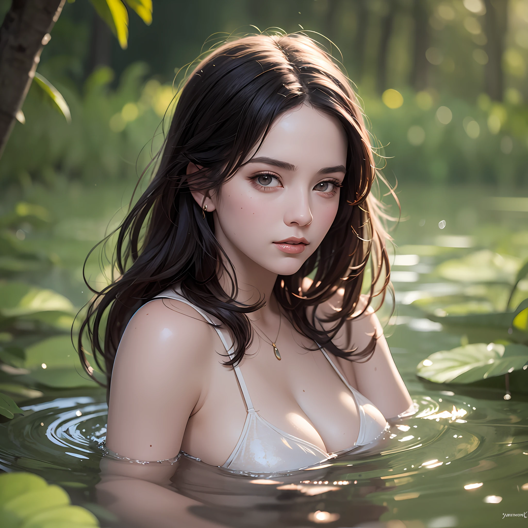 close up portrait of a cute woman (gldot) bathing in a river, reeds, (backlighting), realistic, masterpiece, highest quality, lens flare, shade, bloom, [[chromatic aberration]], by Jeremy Lipking, by Antonio J. Manzanedo, digital painting,