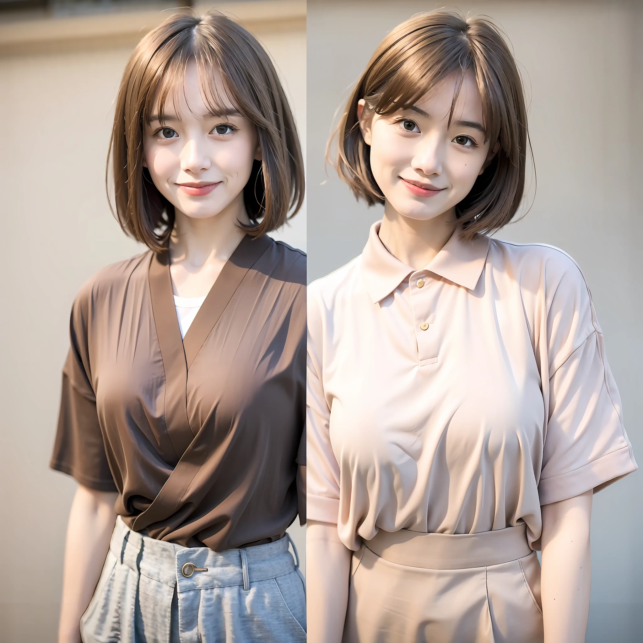 mix4,(best quality), (photorealistic),(simple white background:1.2), 1girl, upper body, high detail face, smile, [gray blonde | ginger | brown grey hair], Fujifilm XT3, high-waisted pants in neutral tones such as beige or camel or silver or blue, with silk shirt and structured blazer, create an elegant and powerful look, (8K), bangs, short hair