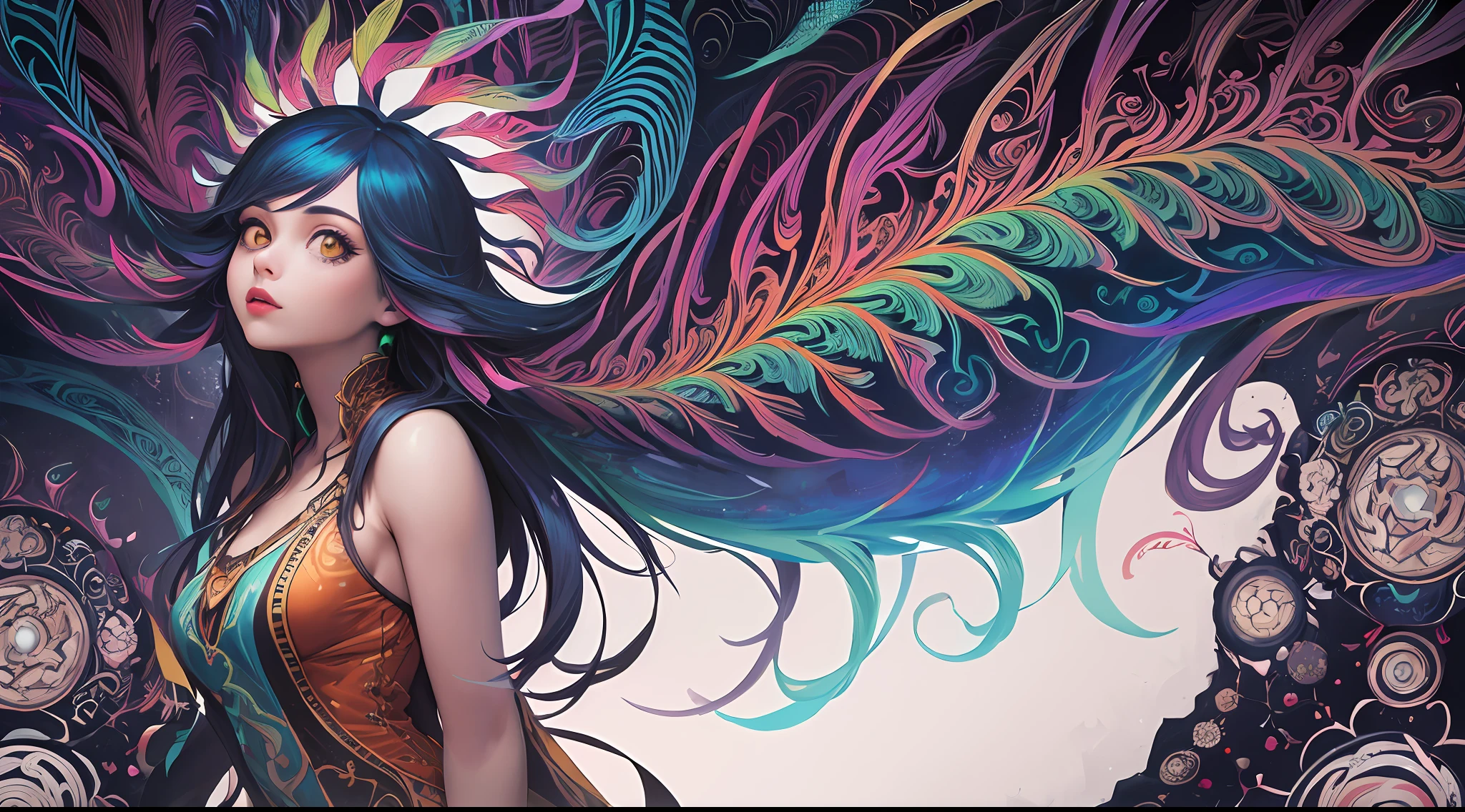 (masterpiece, top quality, best quality, official art, beautiful and aesthetic:1.2), (1girl:1.3), extremely detailed,(fractal art:1.2),colorful,highest detailed,(zentangle:1.2), (dynamic pose), (abstract background:1.5), (treditional dress:1.2), (shiny skin), (many colors:1.4), upper body