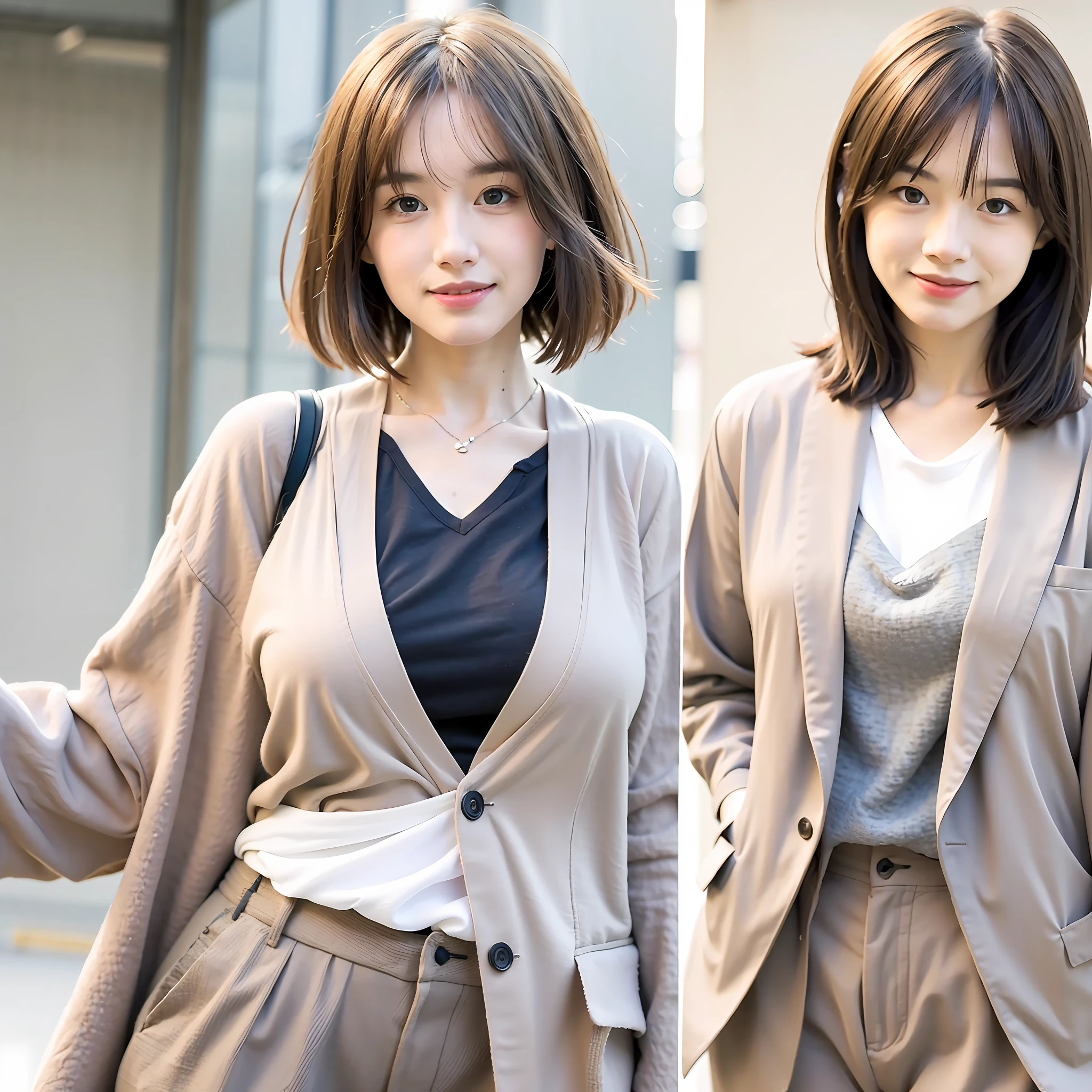 mix4,(best quality), (photorealistic),(simple white background:1.2), 1girl, upper body, high detail face, smile, [gray blonde | ginger | brown grey hair], Fujifilm XT3, high-waisted pants in neutral tones such as beige or camel or silver or blue, with silk shirt and structured blazer, create an elegant and powerful look, (8K), bangs, short hair