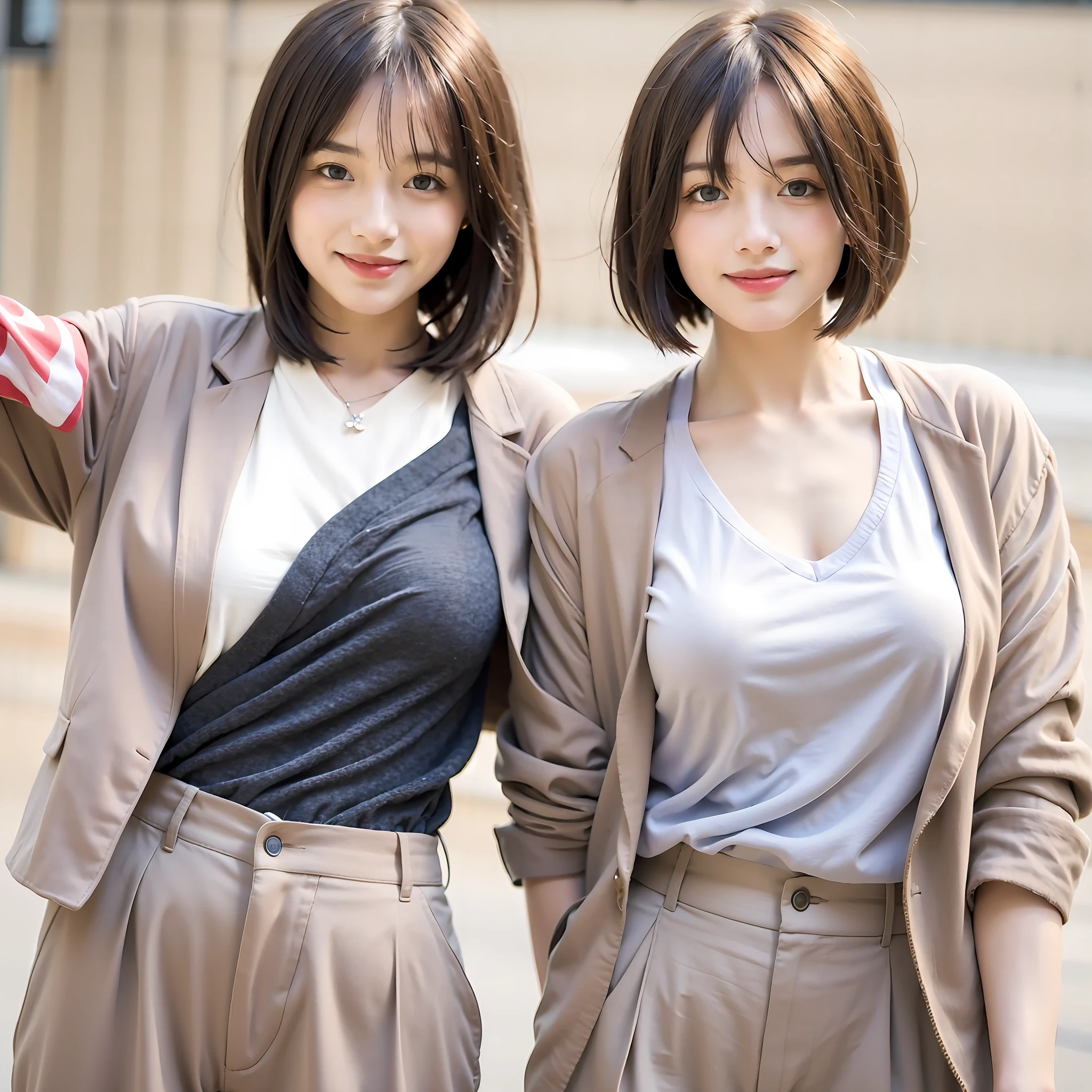 mix4,(best quality), (photorealistic),(simple white background:1.2), 1girl, upper body, high detail face, smile, [gray blonde | ginger | brown grey hair], Fujifilm XT3, high-waisted pants in neutral tones such as beige or camel or silver or blue, with silk shirt and structured blazer, create an elegant and powerful look, (8K), bangs, short hair