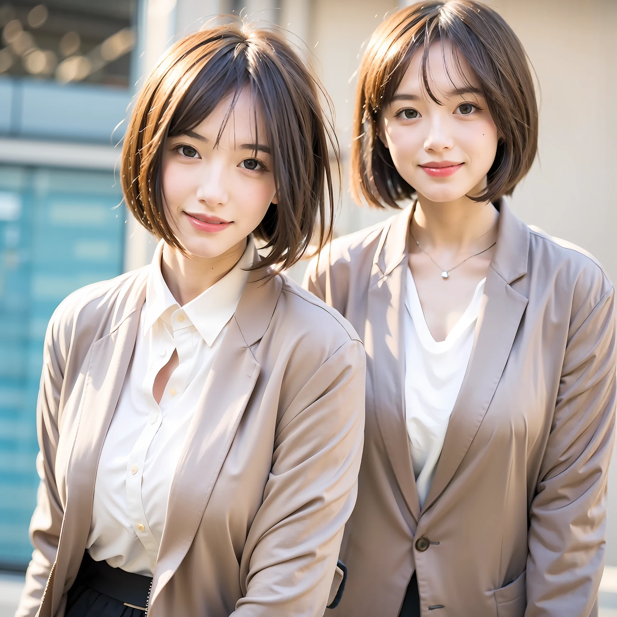 mix4,(best quality), (photorealistic),(simple white background:1.2), 1girl, upper body, high detail face, smile, [gray blonde | ginger | brown grey hair], Fujifilm XT3, high-waisted pants in neutral tones such as beige or camel or silver or blue, with silk shirt and structured blazer, create an elegant and powerful look, (8K), bangs, short hair