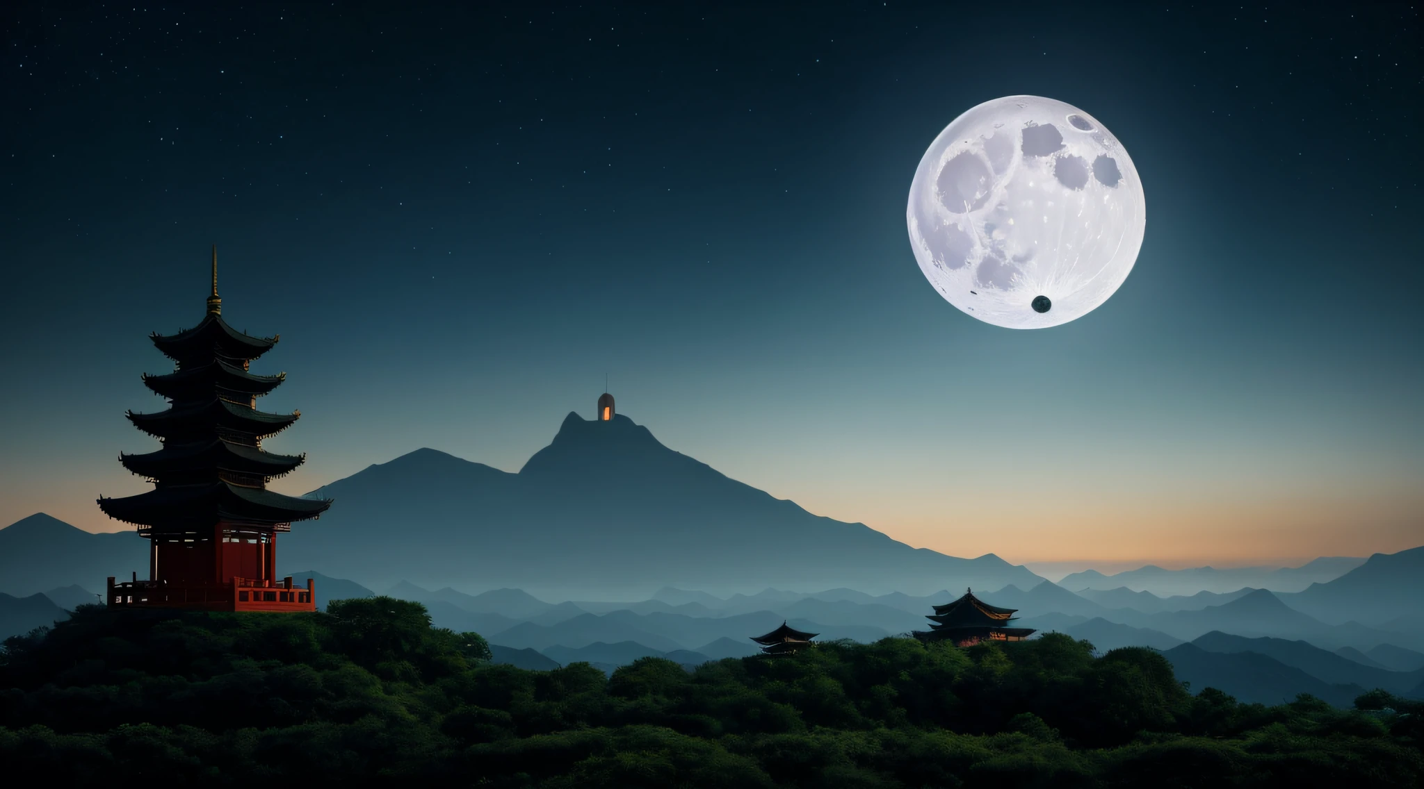 a view of a full moon over a mountain range with a pagoda, moon landscape, moonlit night dreamy atmosphere, 8k matte painting, 8 k matte painting, beautiful moonlight night, Chinese fantasy, beautiful moon light, 4 k matte painting, dreamy matte painting, Beautiful and mysterious, exquisite matte painting, high quality matte painting, matte painting 4k 8k, moonscape