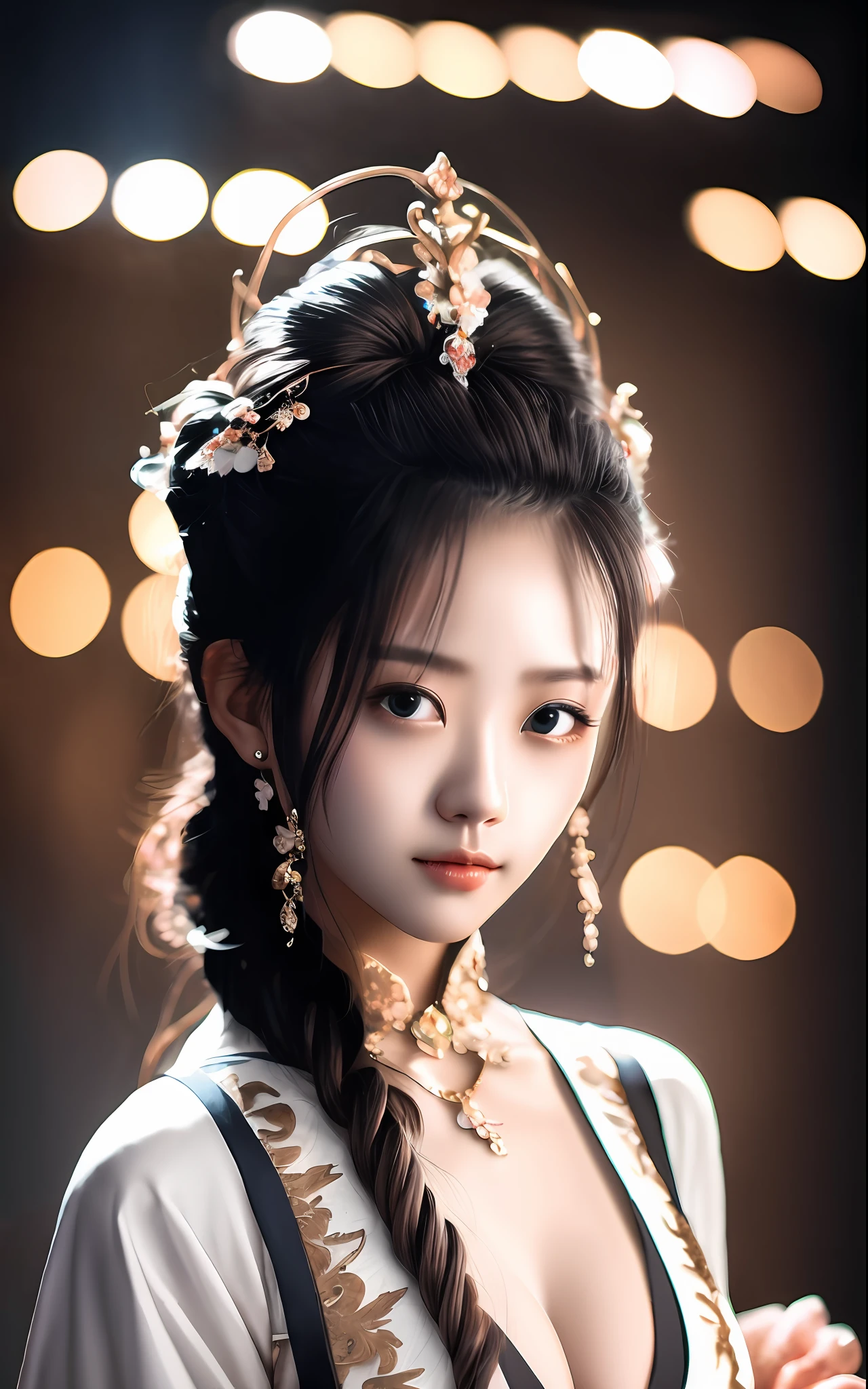 best quality, masterpiece, highres, wuxia 1girl,blush,(seductive smile:0.8),star-shaped pupils,china hanfu,hair ornament,necklace, jewelry,Beautiful face,upon_body, tyndall effect,photorealistic, dark studio, rim lighting, two tone lighting,(high detailed skin:1.2), 8k uhd, dslr, soft lighting, high quality, volumetric lighting, candid, Photograph, high resolution, 4k, 8k, Bokeh