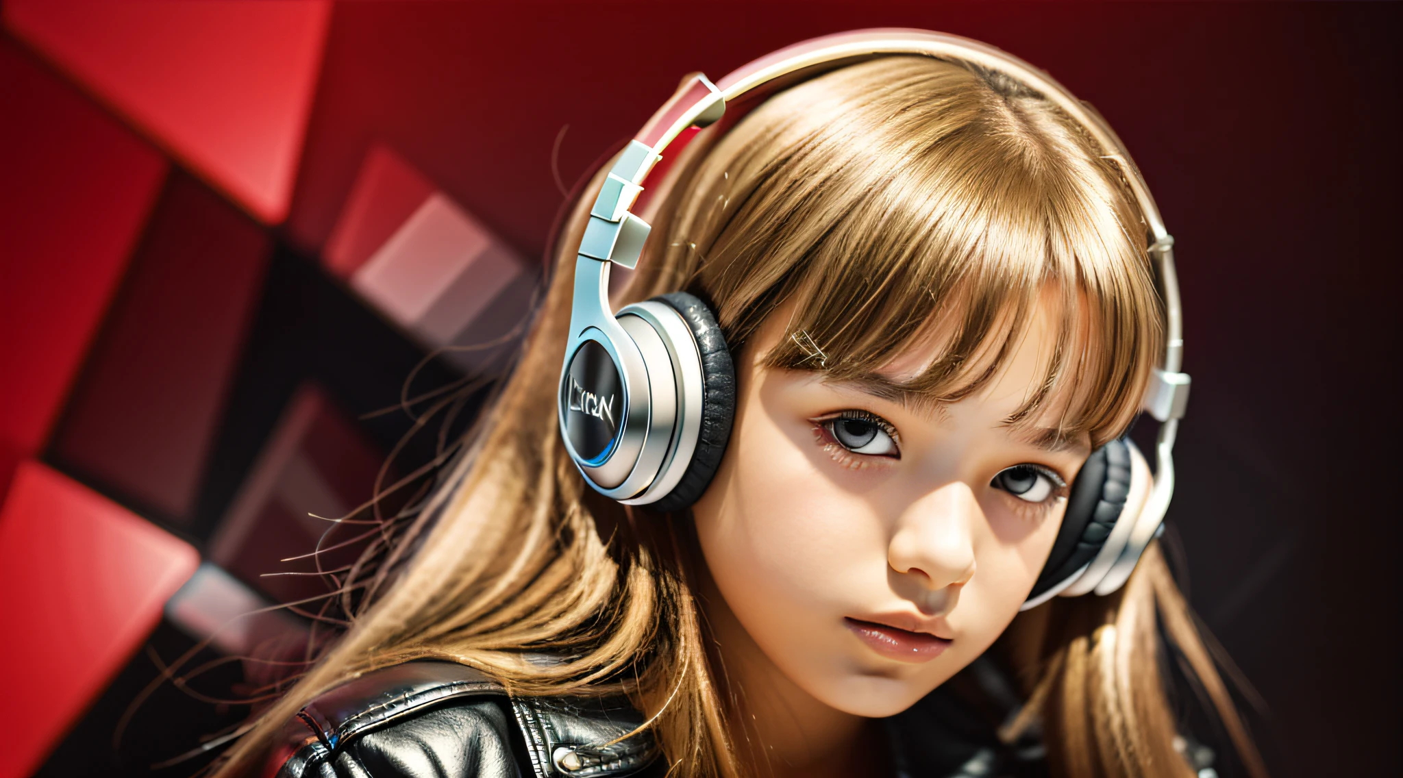 GIRL , RUSSIAN BLONDE long hair and headphones, portrait, SILVER LEATHER JACKET, VINYL AND CDS red background.