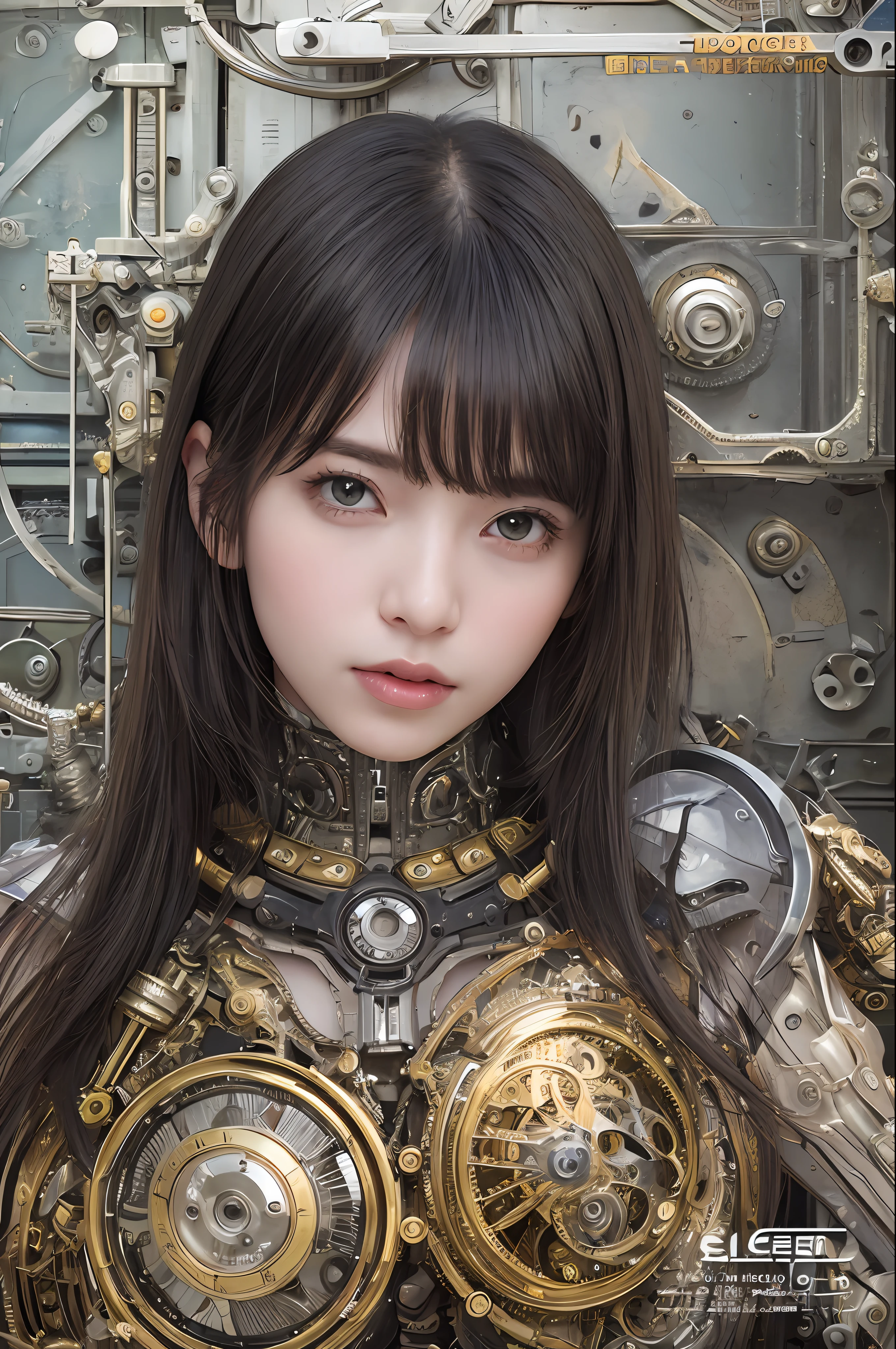 beste-Qualit、masterpiece、ultra-high-resolution、(photo- realistic:1.4)、Raw photo、女の子1人、Black hair、glowy skin、Steampunk Girl、((hyper realistic detail))、portlate、Global Illumination、Shadow、octan render、in 8K、ultrasharp、hugetits、Raw skin is exposed in cleavage、metals、Details of complex ornaments、Gothloli details、Luminous tube、Analog Meter、cog、gear、Golden hydraulic cylinder、extremely intricate detail、Realistic light、CGSoation Trends、purple-eyed、radiant eyes、Facing the camera、neon details、Mechanical limbs、blood vessels connected to tubes、Mechanical vertebrae attached to the back、mechanical cervical attaching to neck、sitting on、Wires and cables connecting to the head、Small LED lamp、