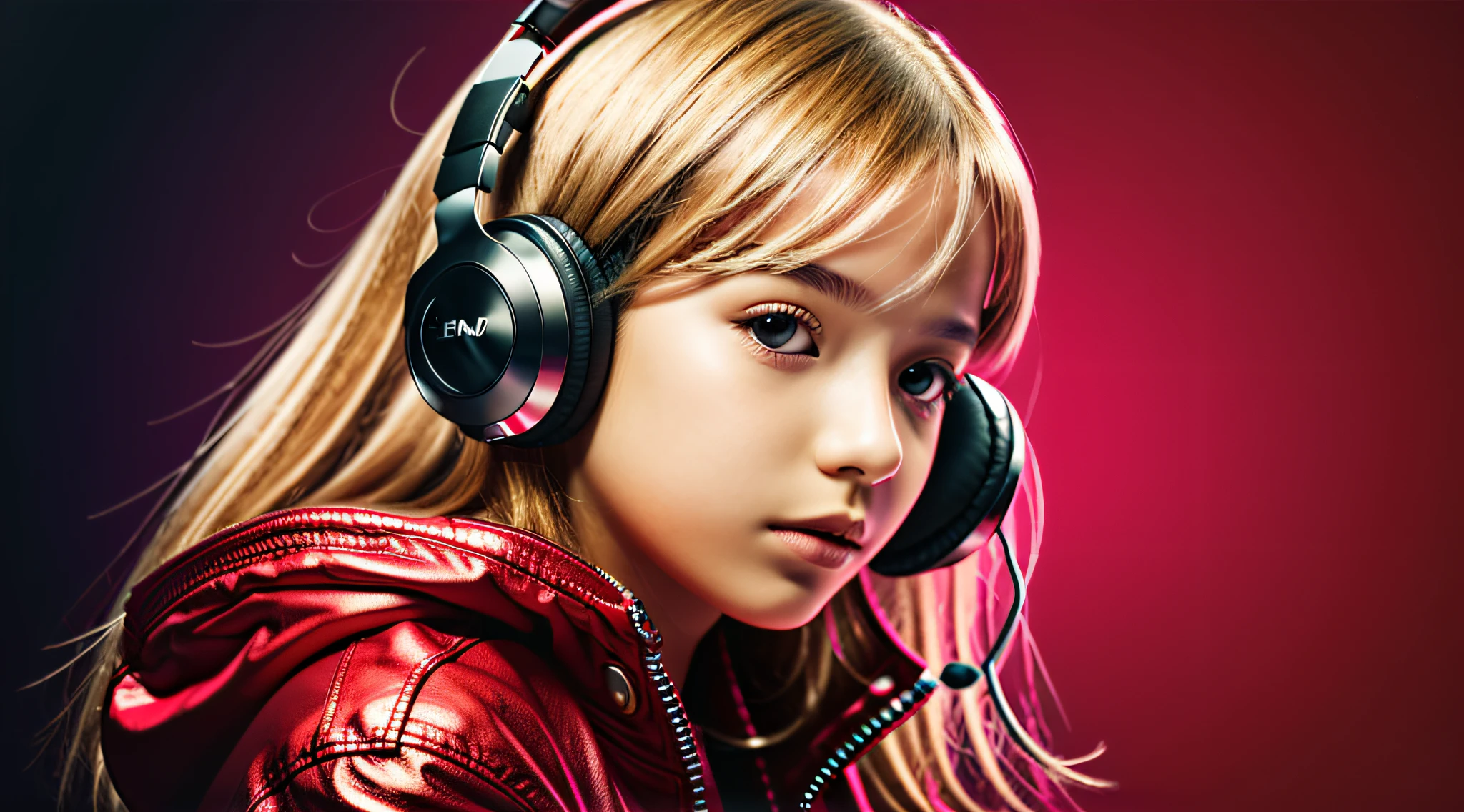 GIRL 12 yeSIAN BLONDE long hair and headphones, portrait, SILVER LEATHER JACKET, VINYL AND CDS red background.