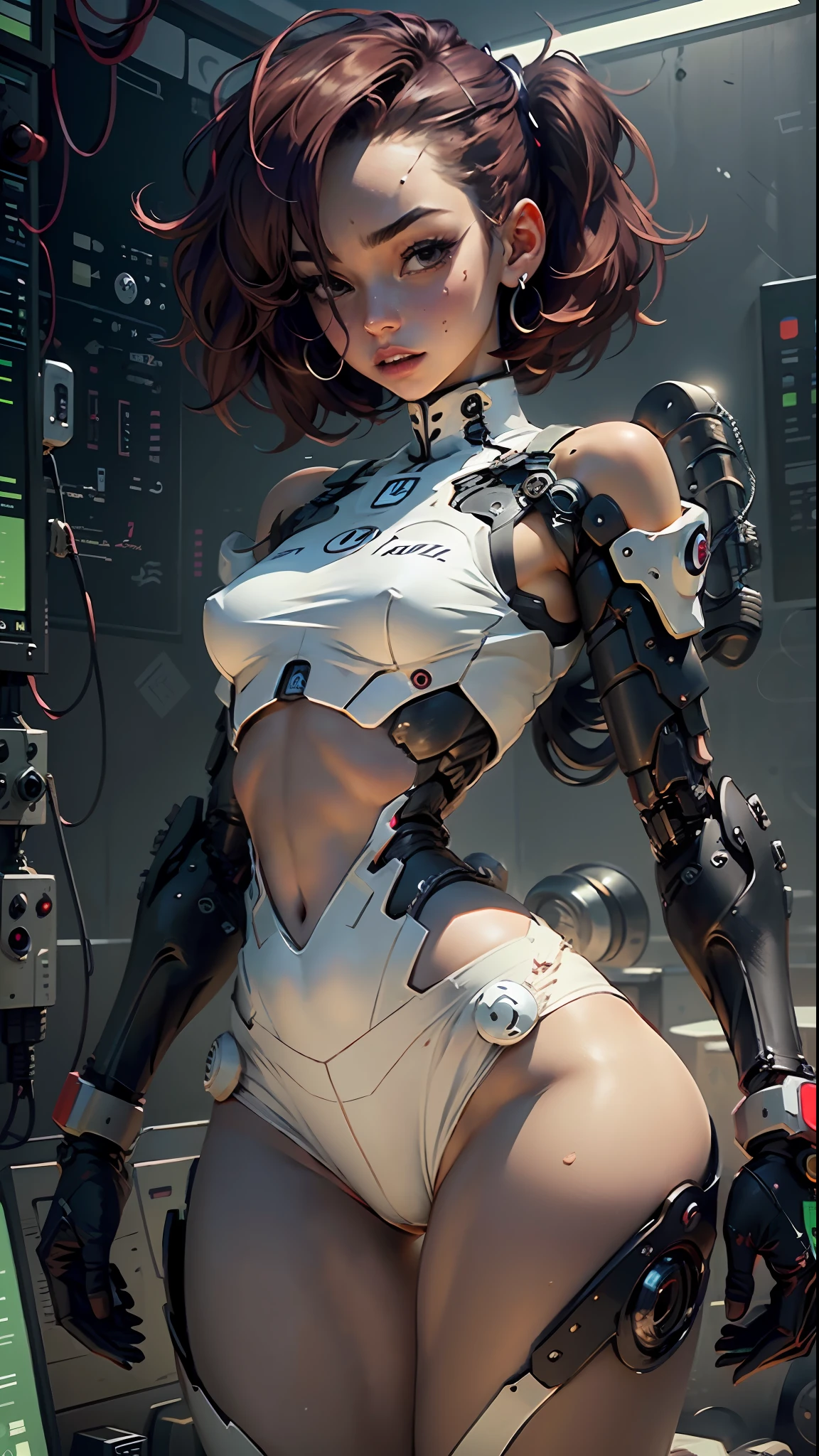 A woman's body is defined by thick hips, cybernetic parts of the body, short and transparent underwear, small boobs, protruding