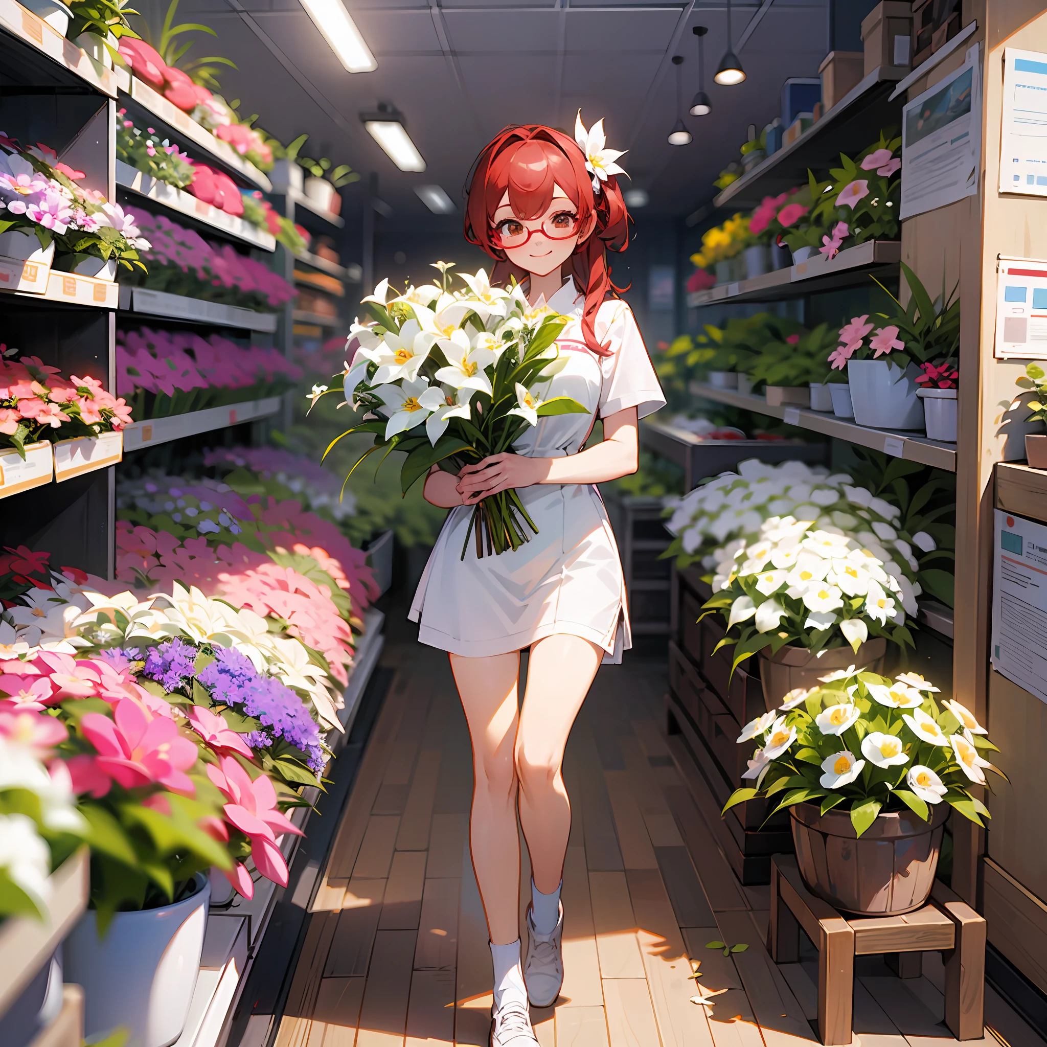Best quality、Super-High Resolution、fullllbody、Girl working in a flower shop、Making a bouquet、 Red glasses、A smile