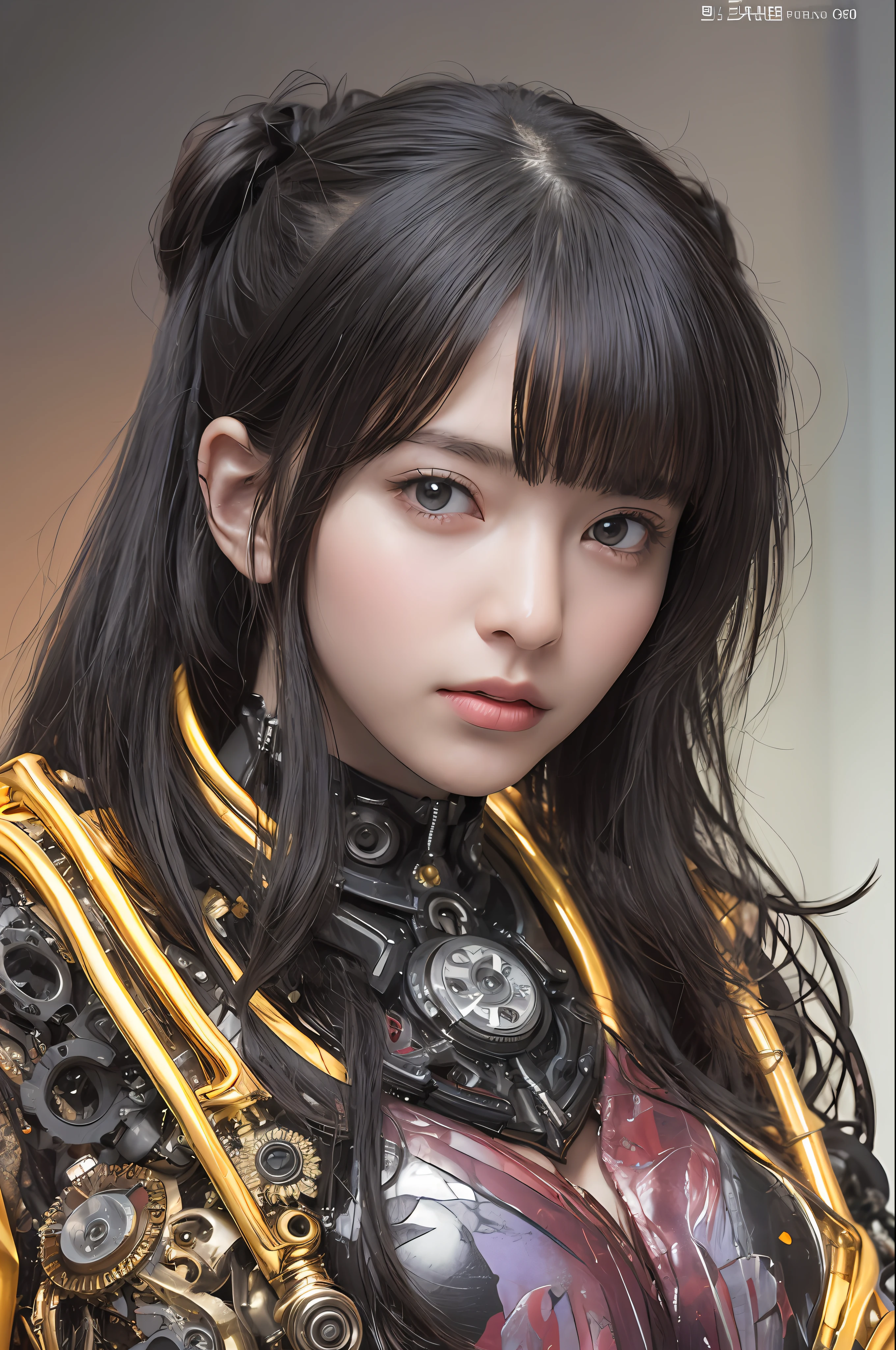 beste-Qualit、masterpiece、ultra-high-resolution、(photo- realistic:1.4)、Raw photo、女の子1人、Black hair、glowy skin、Steampunk Girl、((hyper realistic detail))、portlate、Global Illumination、Shadow、octan render、in 8K、ultrasharp、hugetits、Raw skin is exposed in cleavage、metals、Details of complex ornaments、Gothloli details、Luminous tube、Analog Meter、cog、gear、Golden hydraulic cylinder、extremely intricate detail、Realistic light、CGSoation Trends、purple-eyed、radiant eyes、Facing the camera、neon details、Mechanical limbs、blood vessels connected to tubes、Mechanical vertebrae attached to the back、mechanical cervical attaching to neck、sitting on、Wires and cables connecting to the head、Small LED lamp、