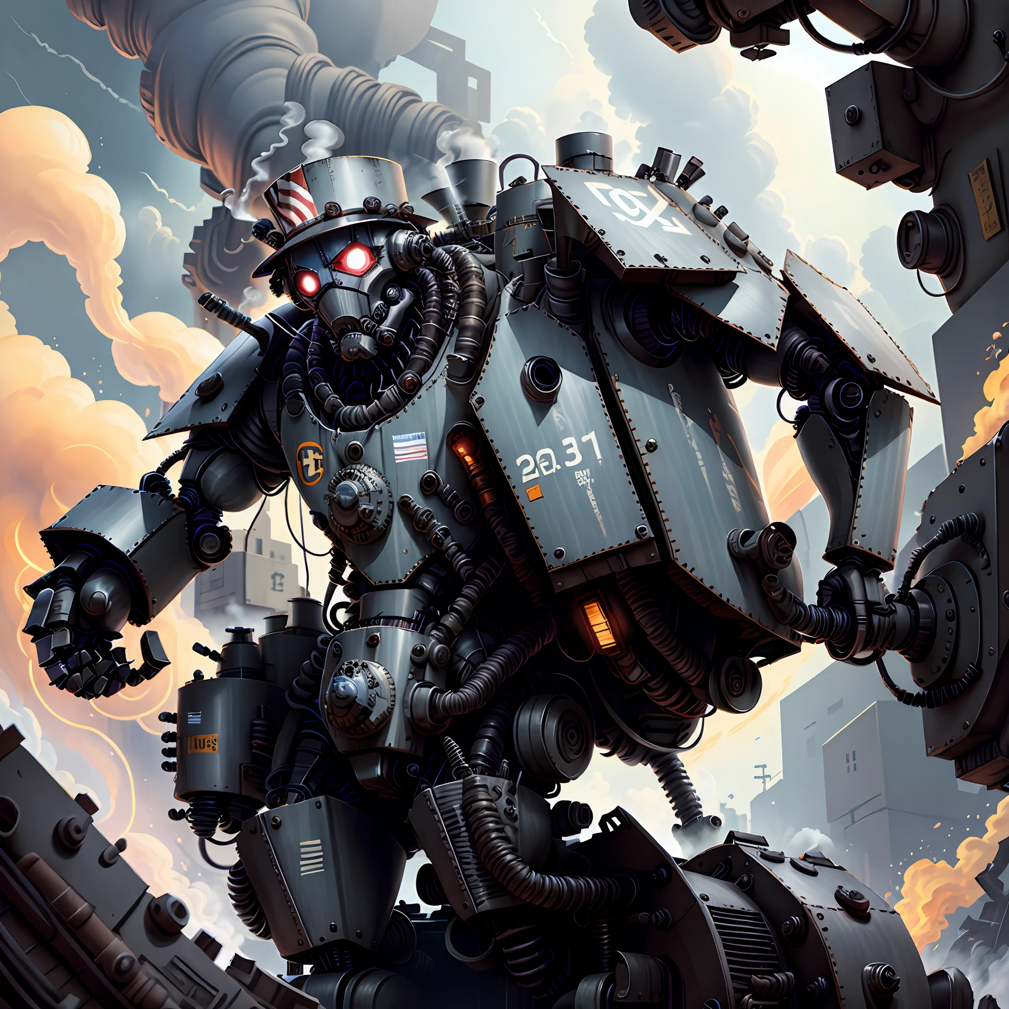 A steam-age robot wears Uncle Sam's clothes