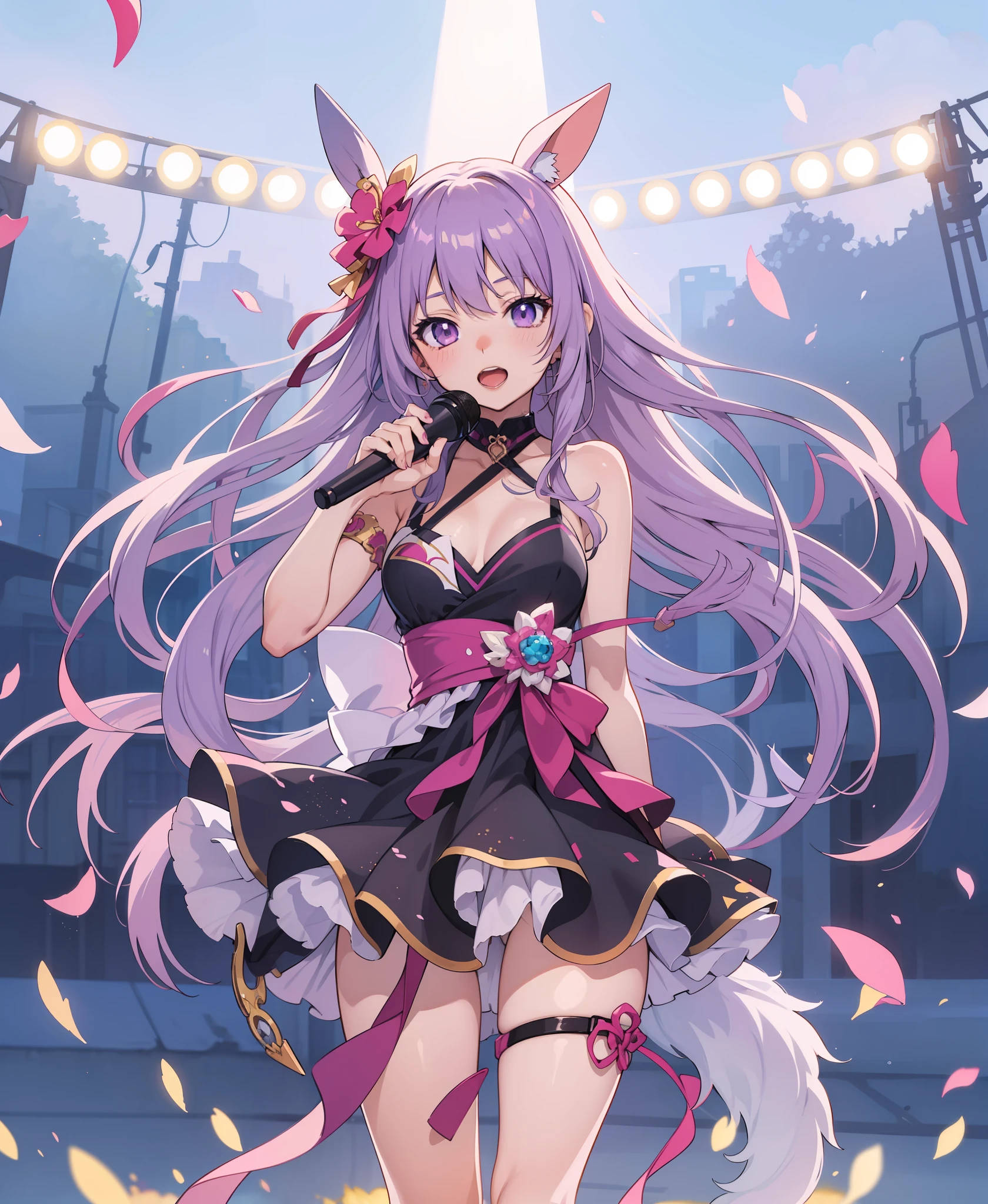 a close up of a person in a dress with a microphone, anime moe artstyle, nightcore, official artwork, anime style 4 k, cute anime waifu in a nice dress, seductive anime girl, official anime artwork, hajime yatate, splash, anime best girl, tight dress, skinny, purple hair,