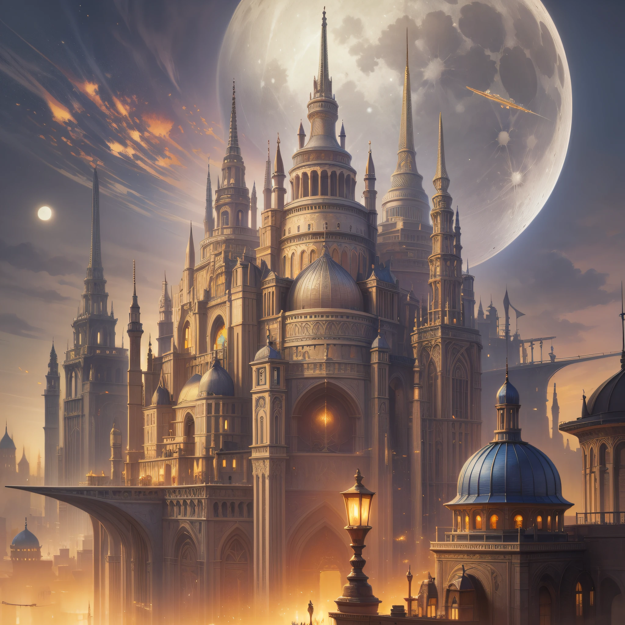 llustration of a city with a lot of buildings and a big moon, fantasy capital city, futuristic persian palace, One big full moon、background artwork, fantasy cityscape, fantasy city background, in fantasy sci - fi city, stylized urban fantasy artwork, huge futuristic temple city, Sacred City | Illustration, ancient sci - fi city, an alien city, futuristic palace, inspired by Marc Simonetti、32k