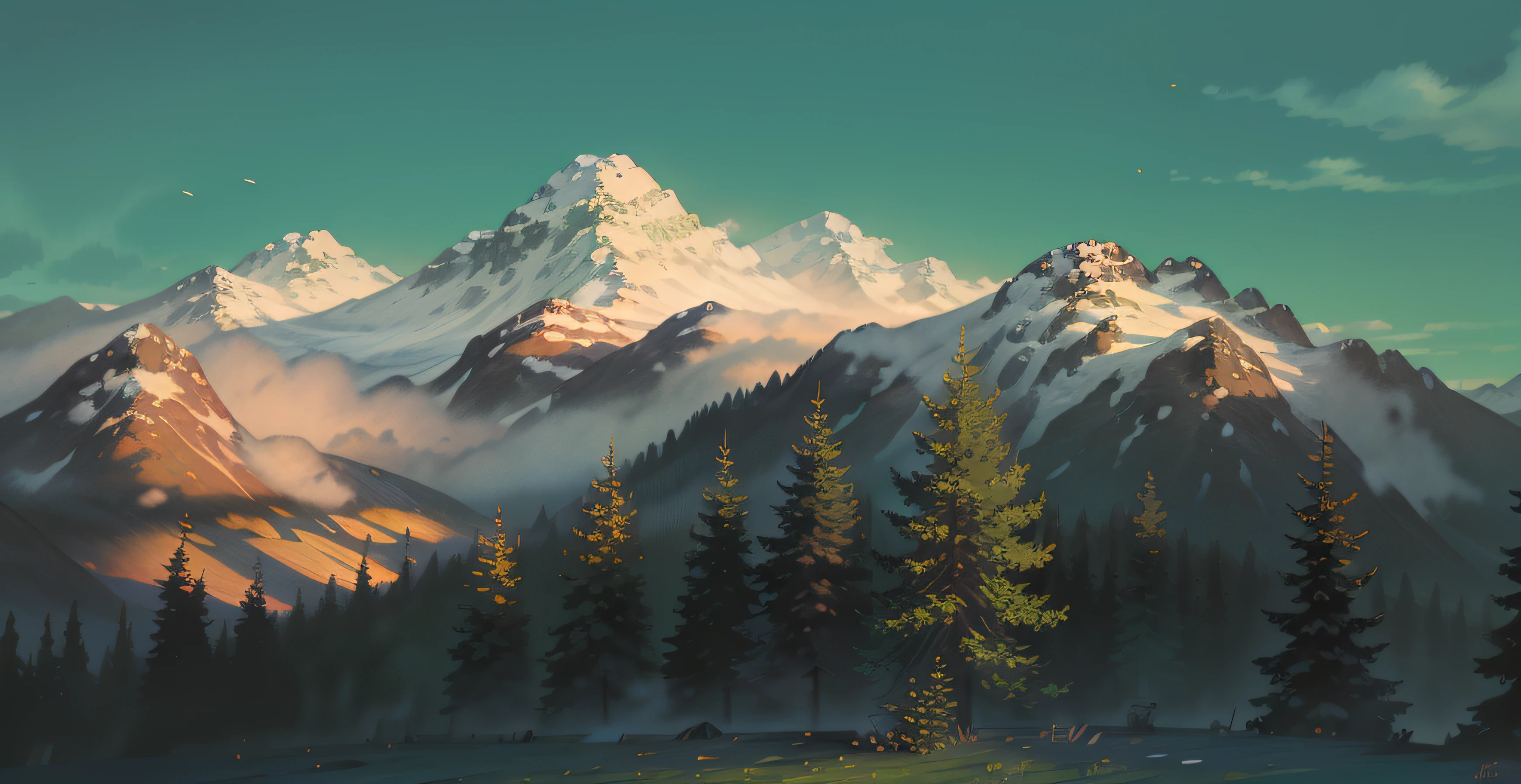 pine woods,Obvious sense of light and shadow,In the foreground is a buckling pine tree,In the distance are majestic peaks and lakes