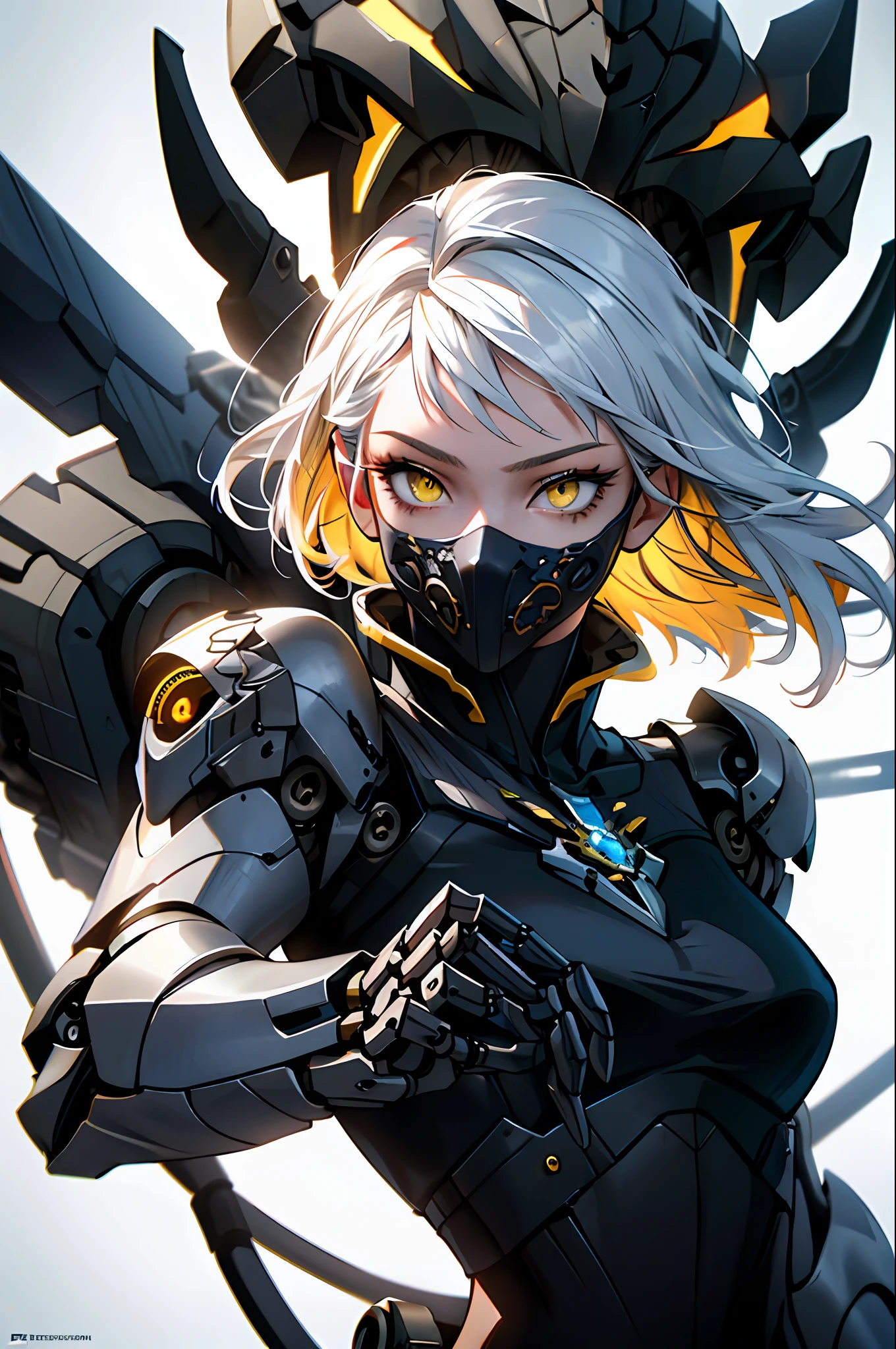 (masterpiece:1.2,high quality), 1girl, ((ultra realistic details)), global illumination, shadows, Dynamic Lighting, Unreal Engine, octane render, 8k, ultra sharp, metal, intricate, ornaments detailed, highly intricate details, yellow eyes, (mechanical body:1.2), white hair, (black mask), Gear, Apocalypse,