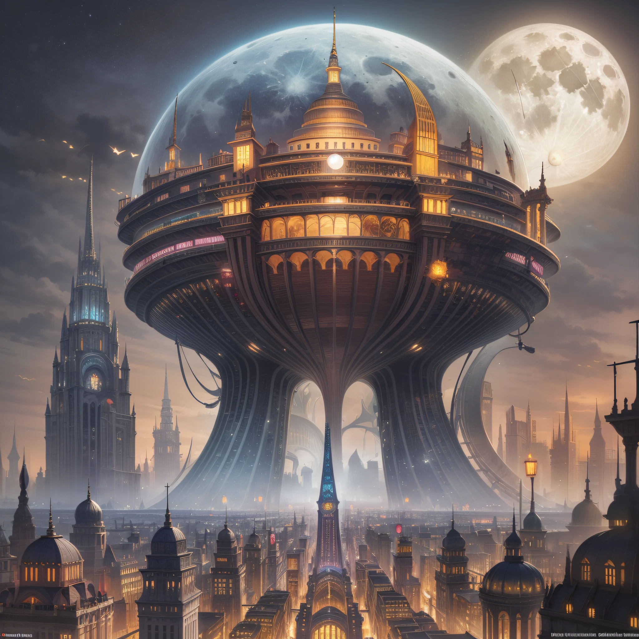 llustration of a city with a lot of buildings and a big moon, fantasy capital city, futuristic persian palace, One big full moon、background artwork, fantasy cityscape, fantasy city background, in fantasy sci - fi city, stylized urban fantasy artwork, huge futuristic temple city, Sacred City | Illustration, ancient sci - fi city, an alien city, futuristic palace, inspired by Marc Simonetti、32k