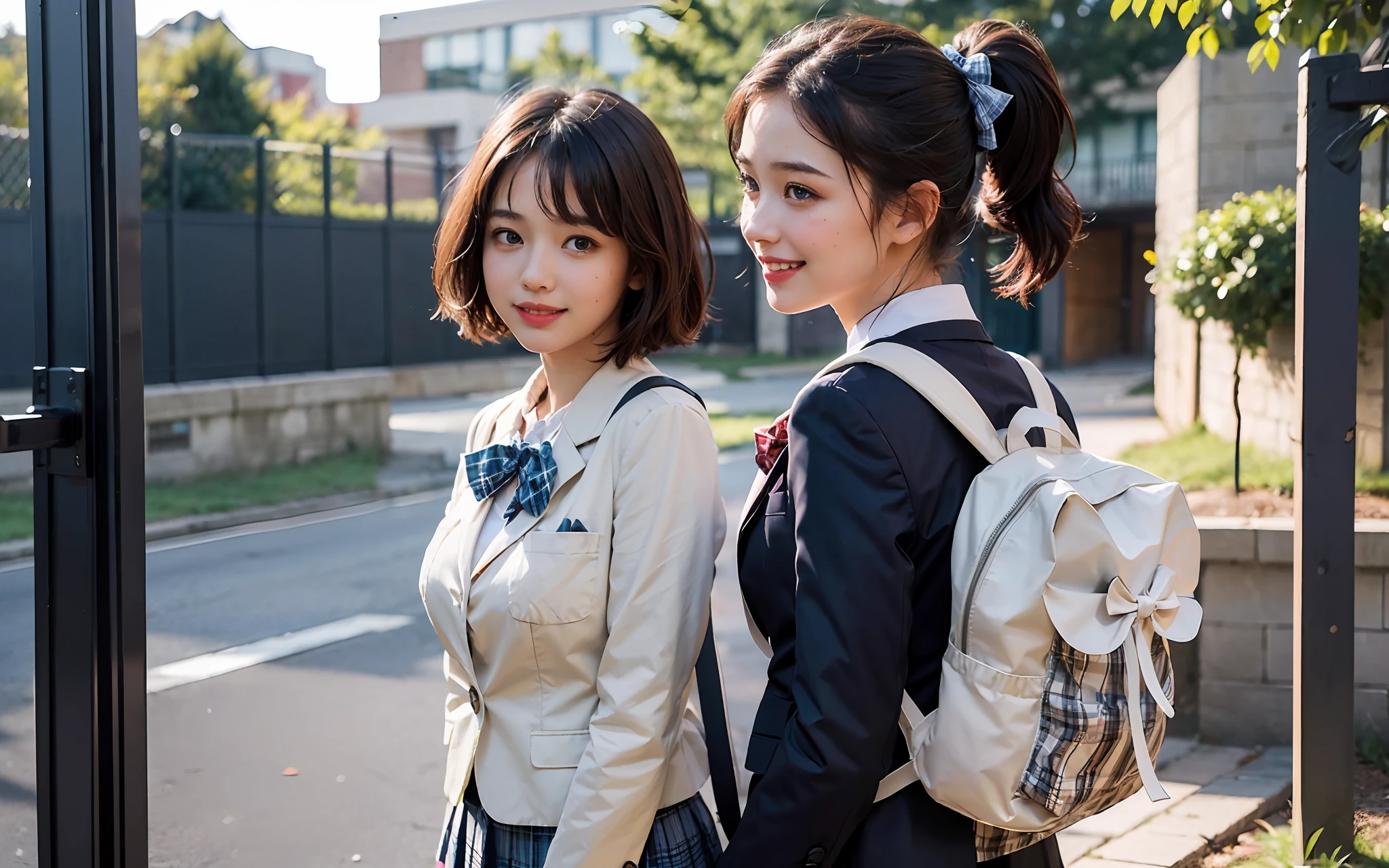((masterpiece))), (((beste-Qualit))), ((ultra detali)), (A hyper-realistic), (High Definition CG Illustration), Cinematic Light, a photorealistic,Very cute 16 year old girl、((Good anatomy:1.2))、((Dark blue blazer:1.2))、((kindly smile、Very red cheeks))、((A dark-haired、Short Bob Hair))、Detailed eye、detailed face with、kawaii、Beautiful skins、((a bow tie、Plaid pleated skirt))、((White rucksack:1.2))、Detailed fabric texture、Morning light、Don't expose it、(((Only one bag)))
