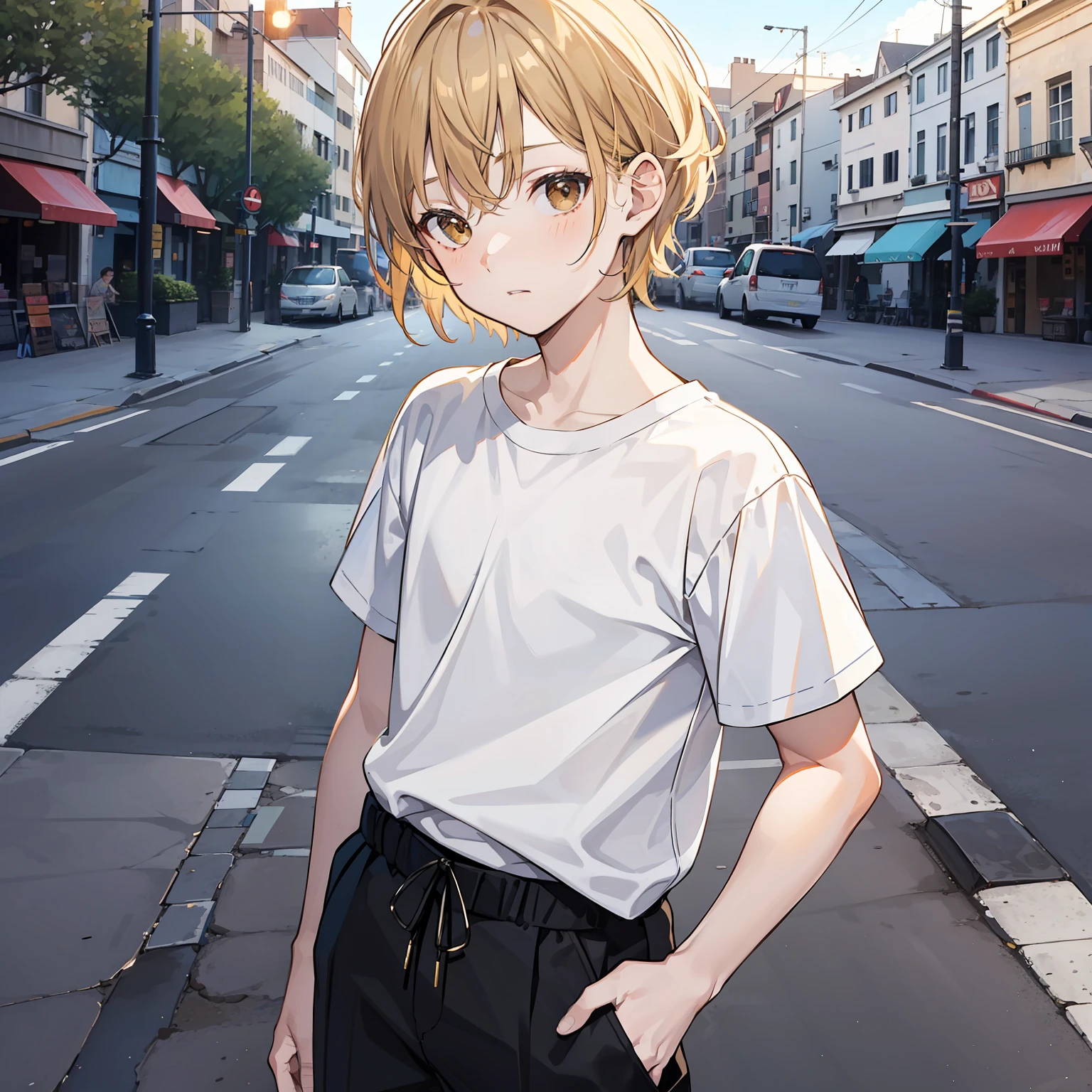 boy(Relaxed、sun beam、Kind),Short blonde hair,Light brown eyes,White T-shirt,crossing road,full bodyesbian,tmasterpiece,high high quality
