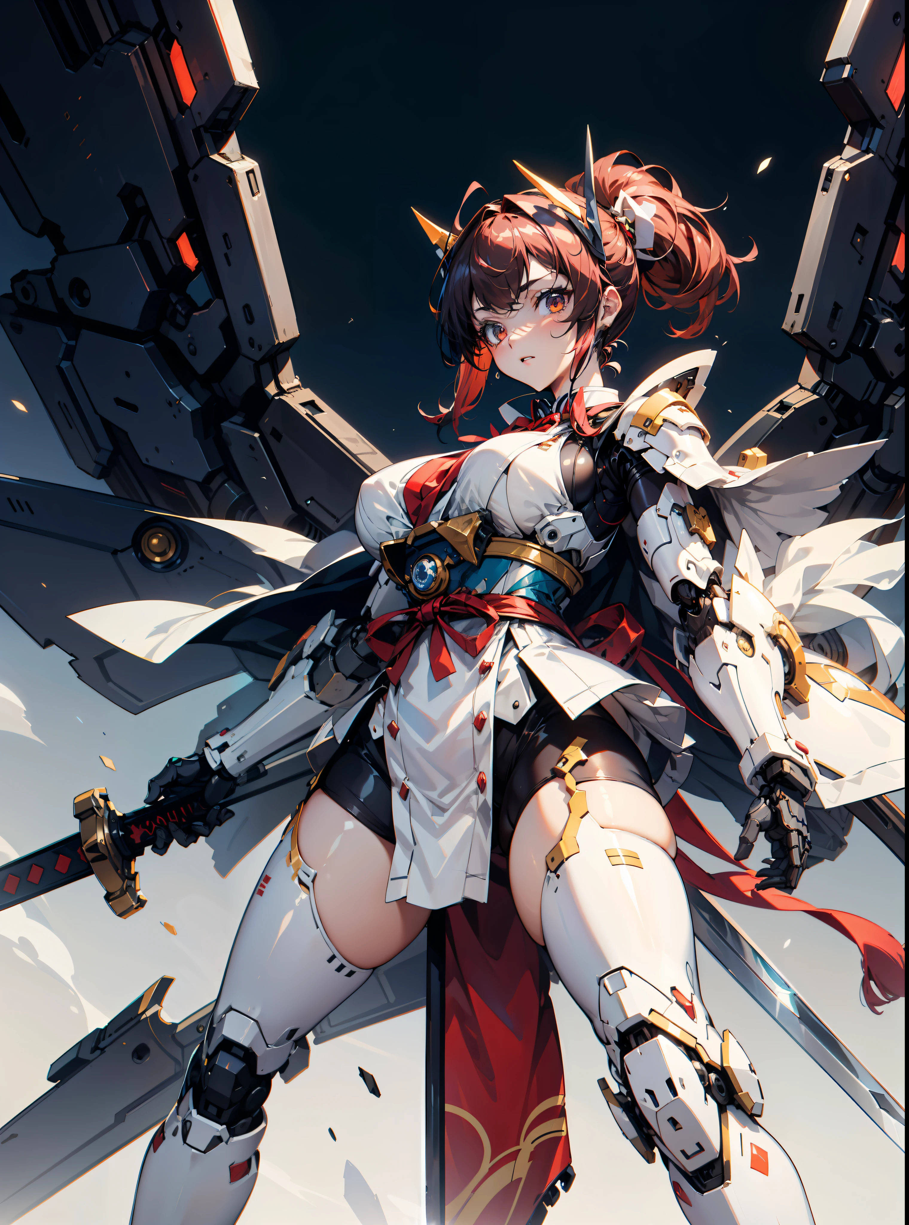 hyper quality, Hyper Detailed,Perfect drawing,Solo, Beautiful Girl, master piece, (mecha musume), Mechanical armor, Headgear, mechanical wings, holding huge gunSamurai wielding a sword, Black ponytail, Hair tied up with a large red ribbon, Equipped with two Japan swords ((extra huge oversize cool samurai_sword in hands, extra huge cool weapon machine)), open stance, actionpose,purgatory,