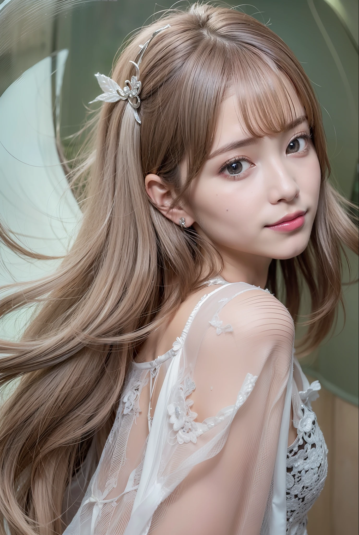 ((Best Quality:1.2, 8k, photo realistic:1.4, Masterpiece, back Lighting, caustics, Ultimate pretty Girl, Highly Detailed beautiful Textures, detailed beauty makeup:1.2, realistic skin, detailed eyes, detailed bangs)), medium breast, (canal background), ((white Fairy costume )), (hair ornament), (naughty smile), (detailed brilliant brown and silver two-tone wavy medium hair), ((round face)), (head tilt), looking back , (wind)