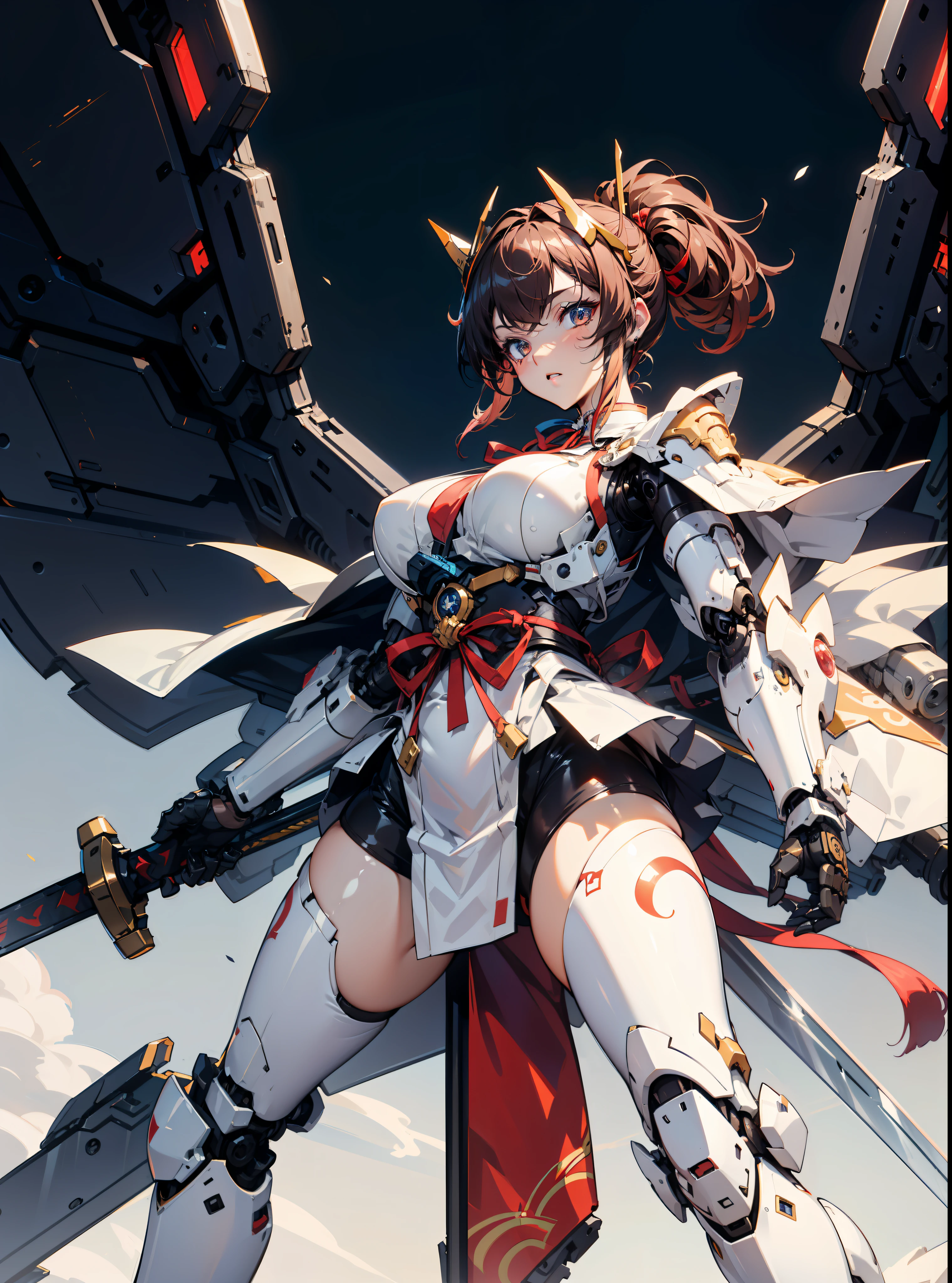 hyper quality, Hyper Detailed,Perfect drawing,Solo, Beautiful Girl, ​master piece, (mecha musume), Mechanical armor, Headgear, mechanical wings, holding huge gunSamurai wielding a sword, Black ponytail, Hair tied up with a large red ribbon, Equipped with two Japan swords ((extra huge oversize cool samurai_sword in hands, extra huge cool weapon machine)), open stance, actionpose,purgatory,