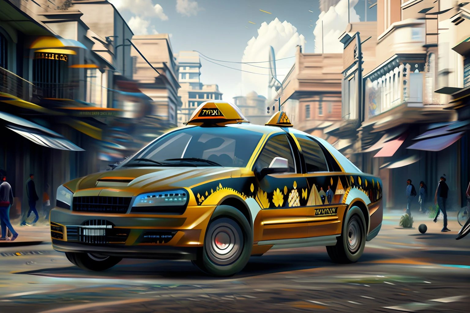 Picture of a taxi, driving down a city street, taxi, taxis, calcutta, futuristic taxi, wojtek fus, by John La Gatta, photorealism art, beeple. hyper-realism, photo render, streets of calcutta, hyperrealism concept art, super realistic painting style, [ Cinematic, hyperrealism photography, hyperrealistic digital painting, super realistic render vray