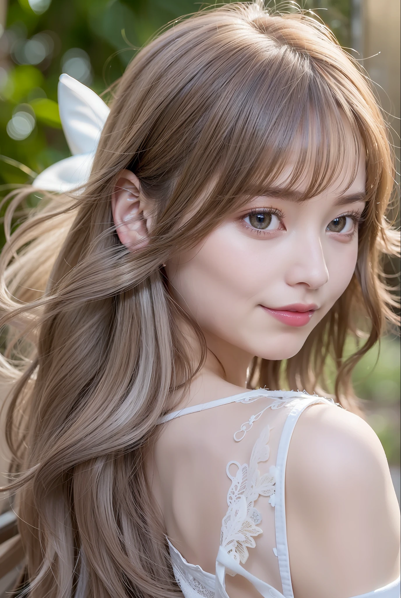 ((Best Quality:1.2, 8k, photo realistic:1.4, Masterpiece, back Lighting, caustics, Ultimate pretty Girl, Highly Detailed beautiful Textures, detailed beauty makeup:1.2, realistic skin, detailed eyes, detailed bangs)), medium breast, (canal background), ((white Fairy costume )), (hair ornament), (naughty smile), (detailed brilliant brown and silver two-tone wavy medium hair), ((round face)), (head tilt), looking back , (wind)
