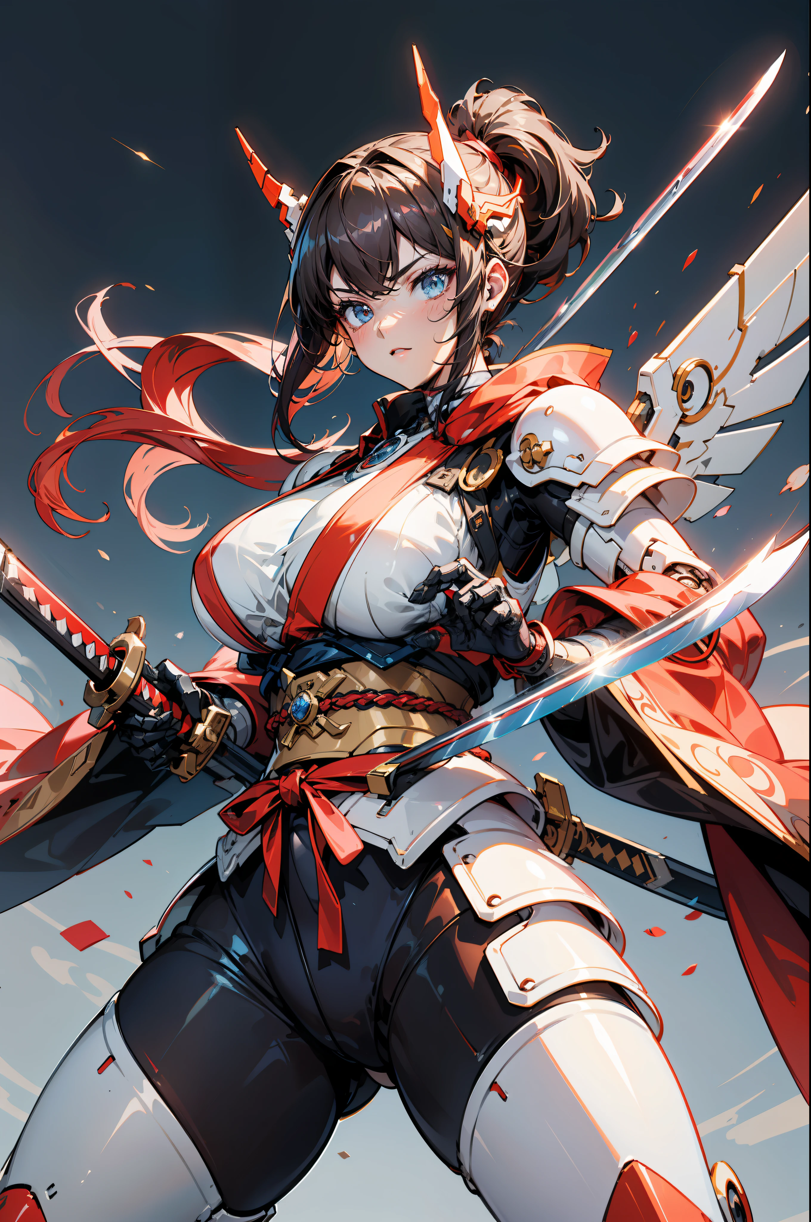 hyper quality, Hyper Detailed,Perfect drawing,Solo, Beautiful Girl, master piece, (mecha musume), Mechanical armor, Headgear, mechanical wings, holding huge gunSamurai wielding a sword, Black ponytail, Hair tied up with a large red ribbon, Equipped with two Japan swords ((extra huge oversize cool samurai_sword in hands, extra huge cool weapon machine)), open stance, actionpose,purgatory,