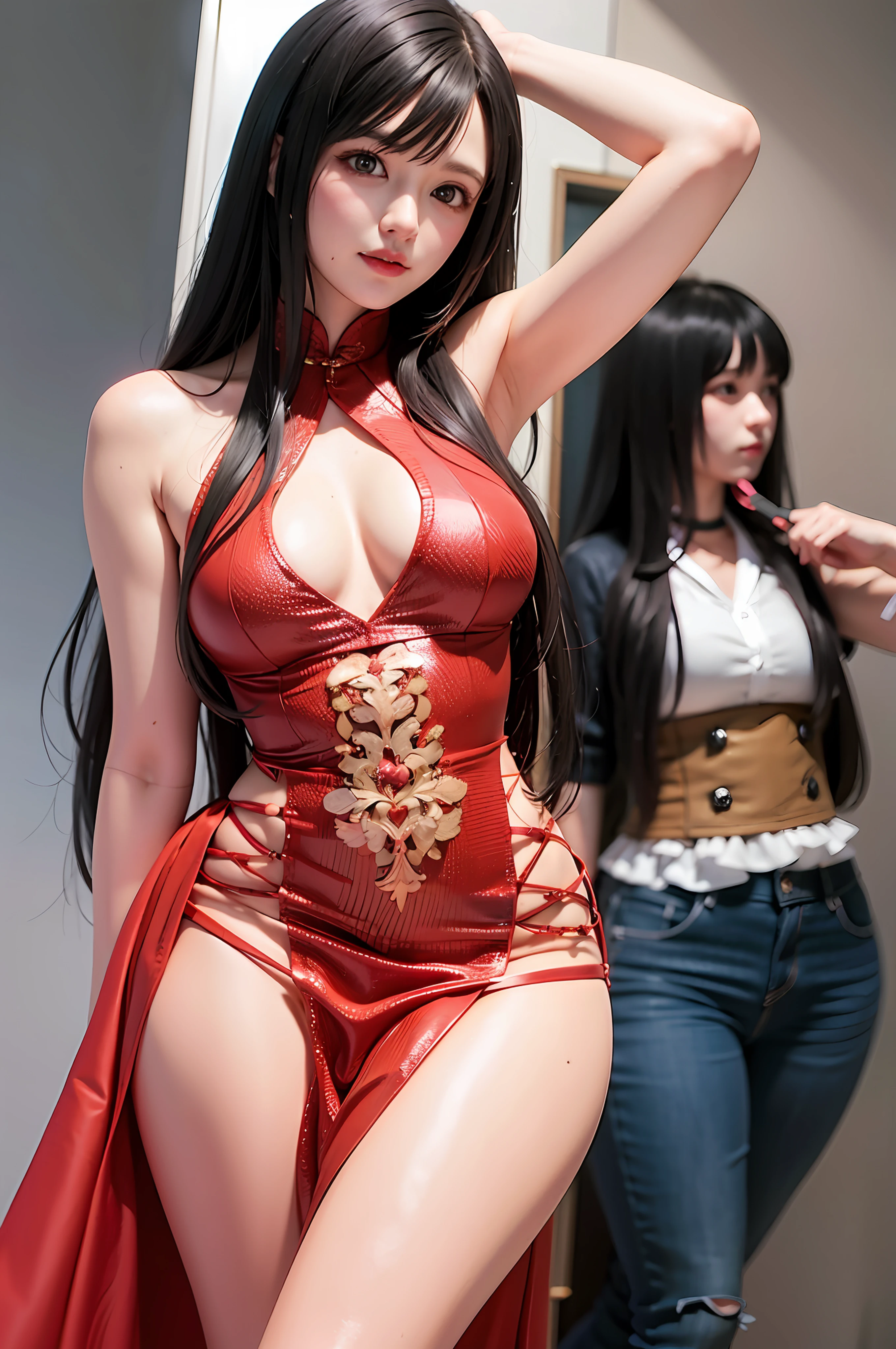 There is a woman in a purple dress posing for a photo, full-body xianxia, Tifa Lockhart, cosplay, ff Tifa, alluring tipha lockhart portrait, tohsaka-rin, Anime girl cosplay, Japanese goddess, Anime cosplay, Charming Tifa Lockheart, tifa lockheart, cosplay foto, Cosplayer, ayaka cosplay, Wearing a purple cheongsam