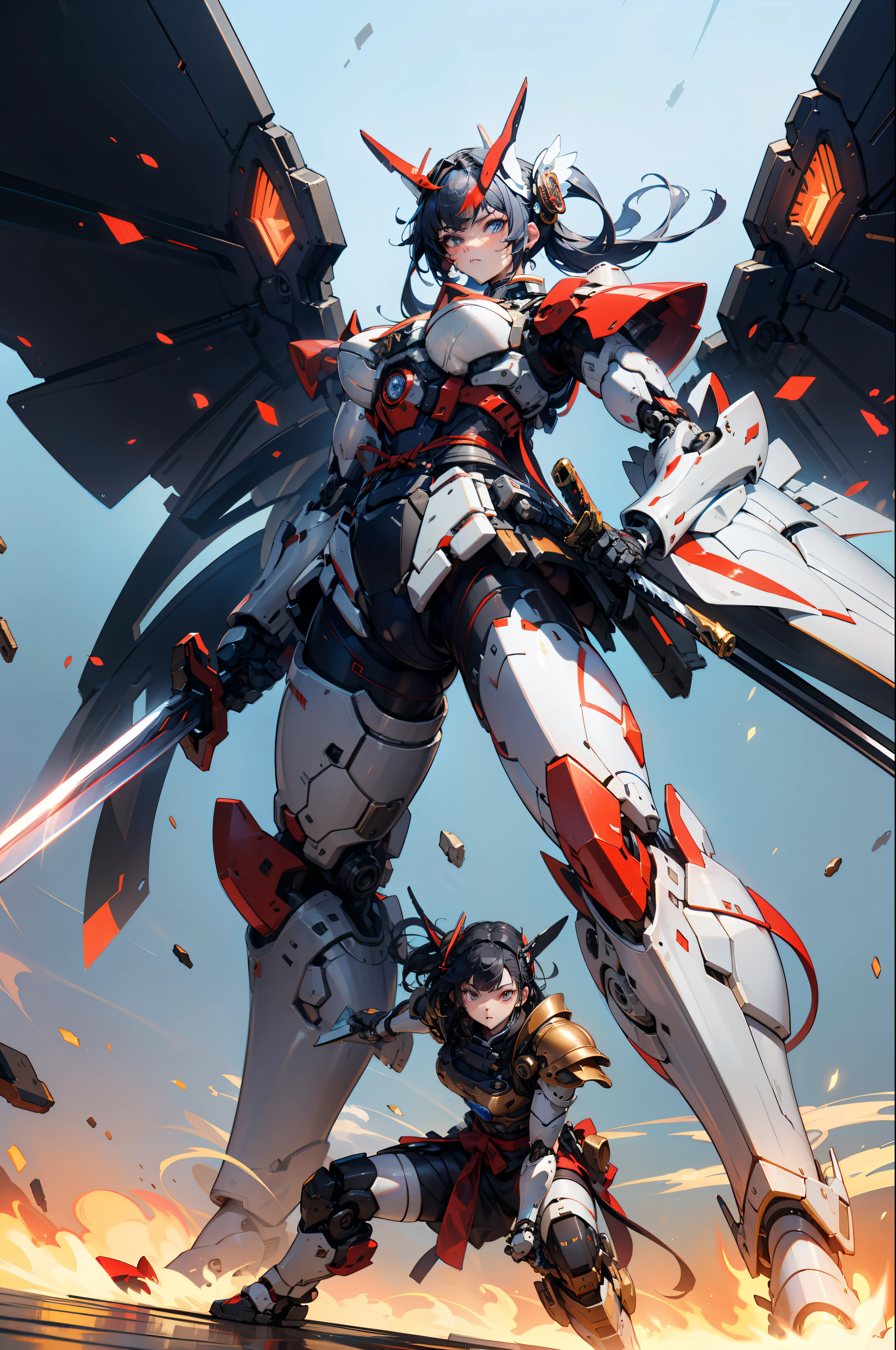 hyper quality, Hyper Detailed,Perfect drawing,Solo, Beautiful Girl, master piece, (mecha musume), Mechanical armor, Headgear, mechanical wings, holding huge gunSamurai wielding a sword, Black ponytail, Hair tied up with a large red ribbon, Equipped with two Japan swords ((extra huge oversize cool samurai_sword in hands, extra huge cool weapon machine)), open stance, actionpose,purgatory,