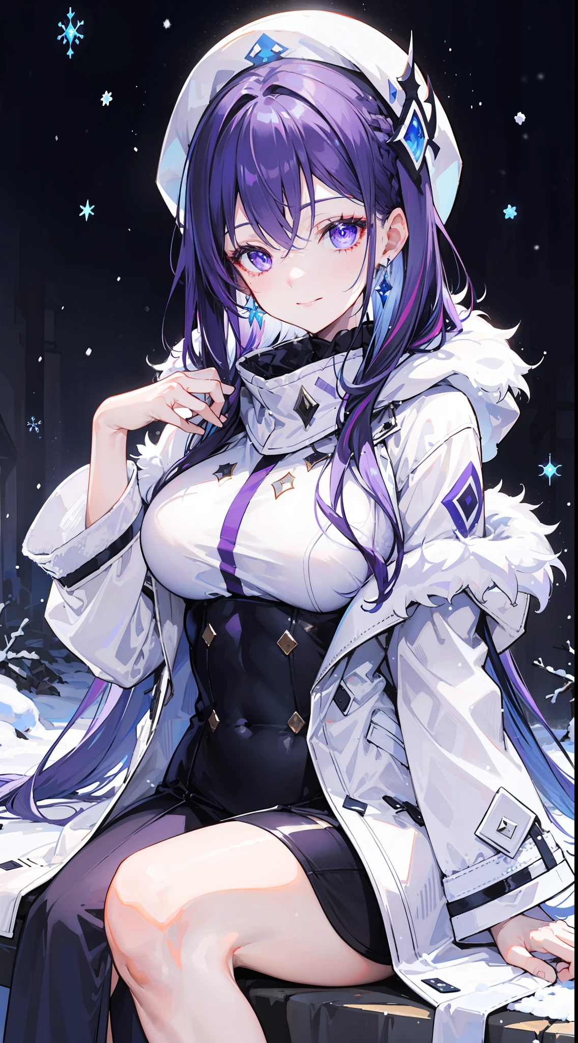 "Epic morning snowing atmosphere, stunning 4k artwork featuring a confident mommy long flowing vibrant light-purple hair. Her eyes glowing purple. She sitting with smile, and she have powerful mommy aura and wear white snow coat"