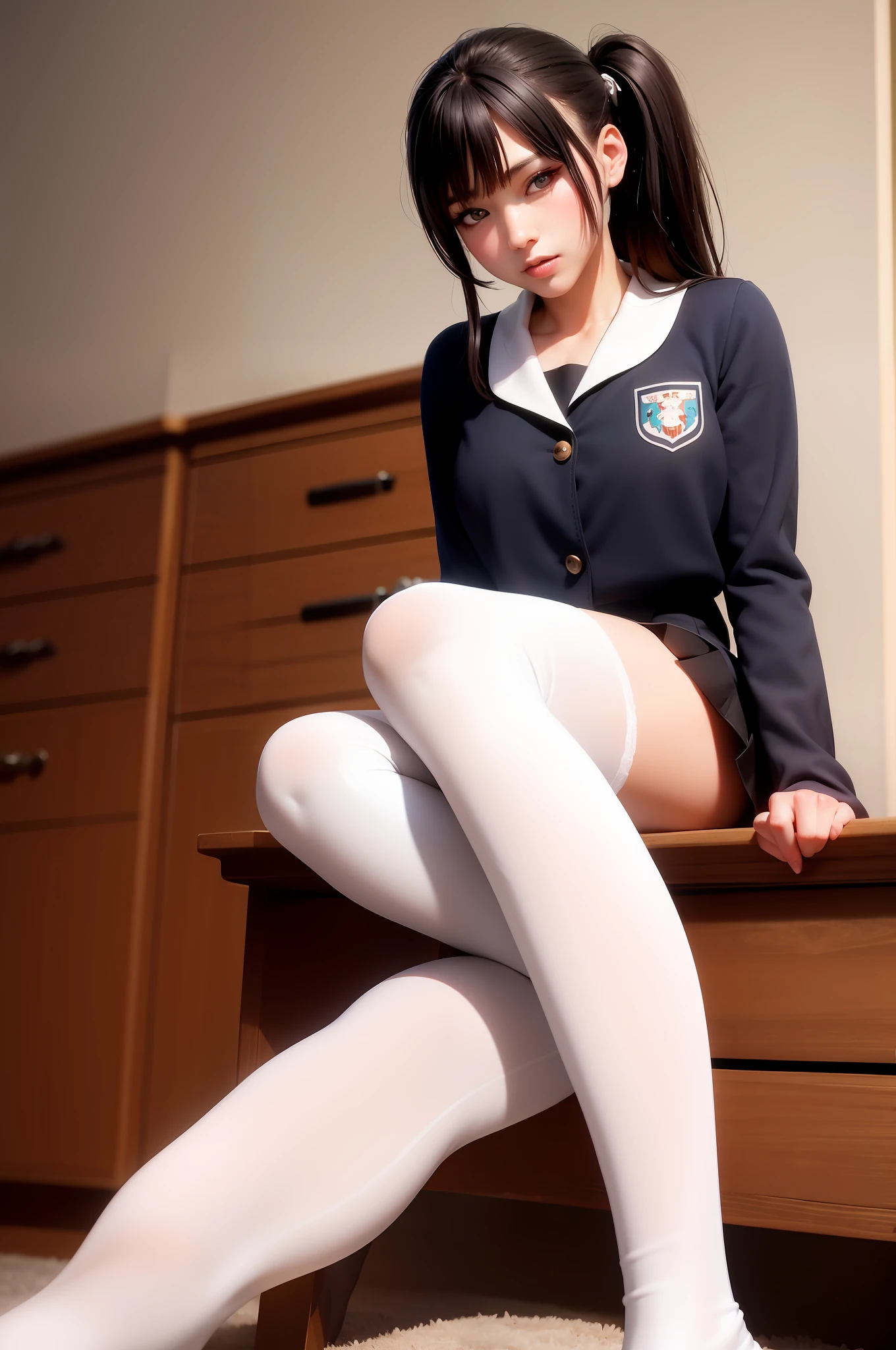 Ultra-realistic 8K CG，Flawless face，flawless perfection，Ren，tmasterpiece，professionalartwork，famousartwork，cinematicbloom，1 girlirl，By bangs，little breast，eyeslashes，eye shadows，hair adornments，inside room，res lips，Long hair and double ponytail，Look at the viewer，pantyshot，pleatedskirt，school uniformss，serafuku，are standing，a skirt，A sole，独奏，Stockings，lingeries，white leggings underneath，white  panties，ssmile，独奏