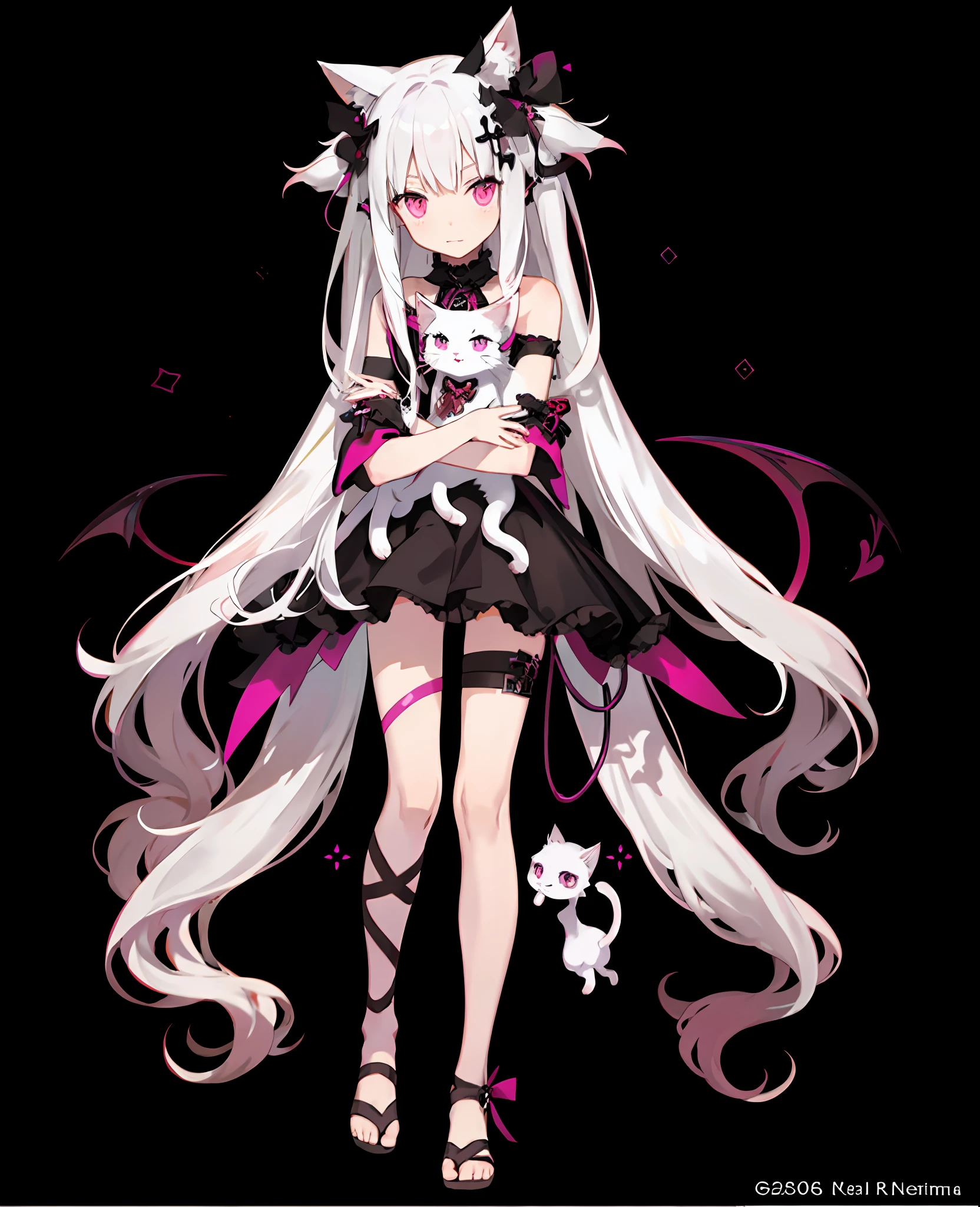 anime girl with long white hair and pink eyes holding a cat, full body adoptable, anime monster girl, demon anime girl, gapmoe yandere grimdark, white-haired god, Skeleton element，Tentacle hair，From Arknights, character adoptable, beautiful necromancer girl, gothic maiden anime girl, neferpitou, Very beautiful anime cat girl