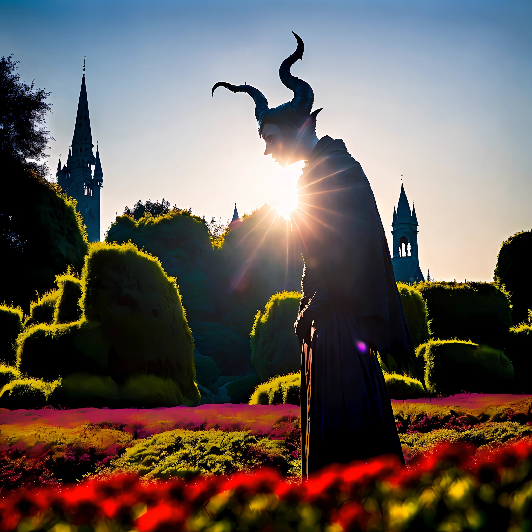 Realistic photo of Maleficent in a dark, black garden with a radiant sun in a clear sky in the background