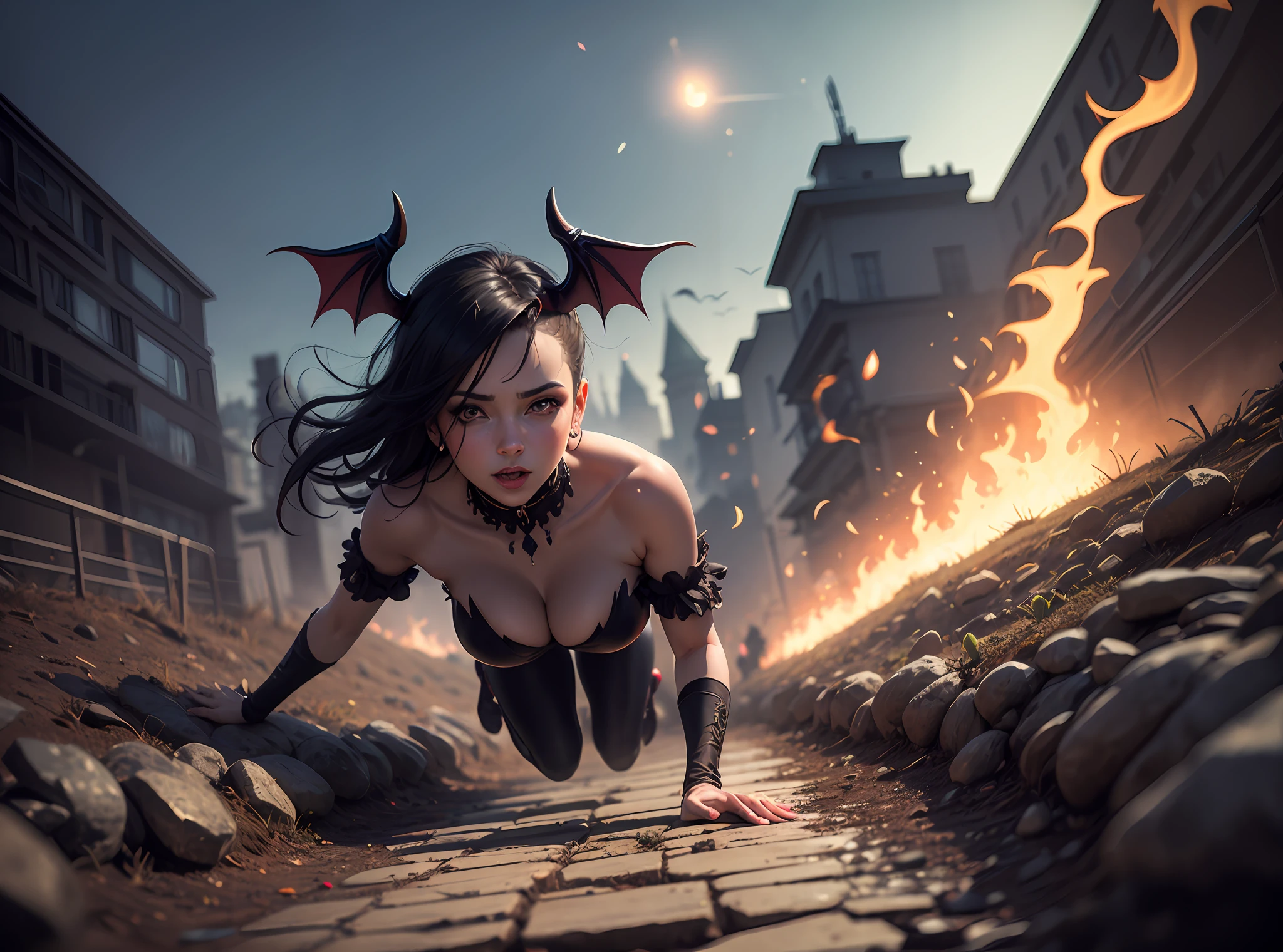 Vilarejo antigo estilo medieval, atmosfera sombria, Particles of fire coming out of the cracks in the ground, Landscape, em uma noite de luar, no horizonte uma horda de Succubus semi nuas voando, um lindo, Sensual succubus with a demonic face flying in the foreground;, surrealismo, Super Detalhe , Surrealism, 8k, 8k, super detail --auto