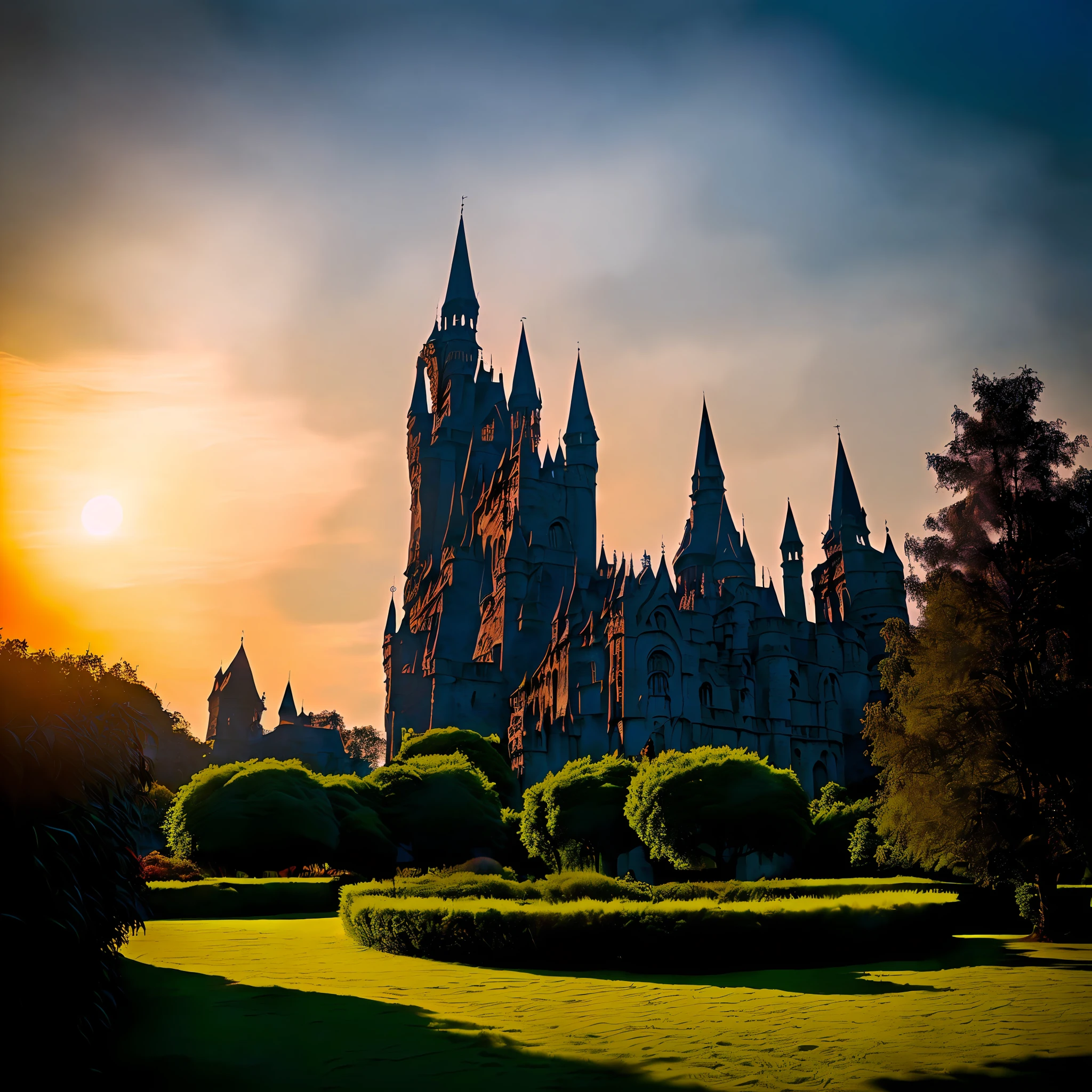 Realistic photo of Maleficent in a dark, black garden with a radiant sun in a clear sky in the background