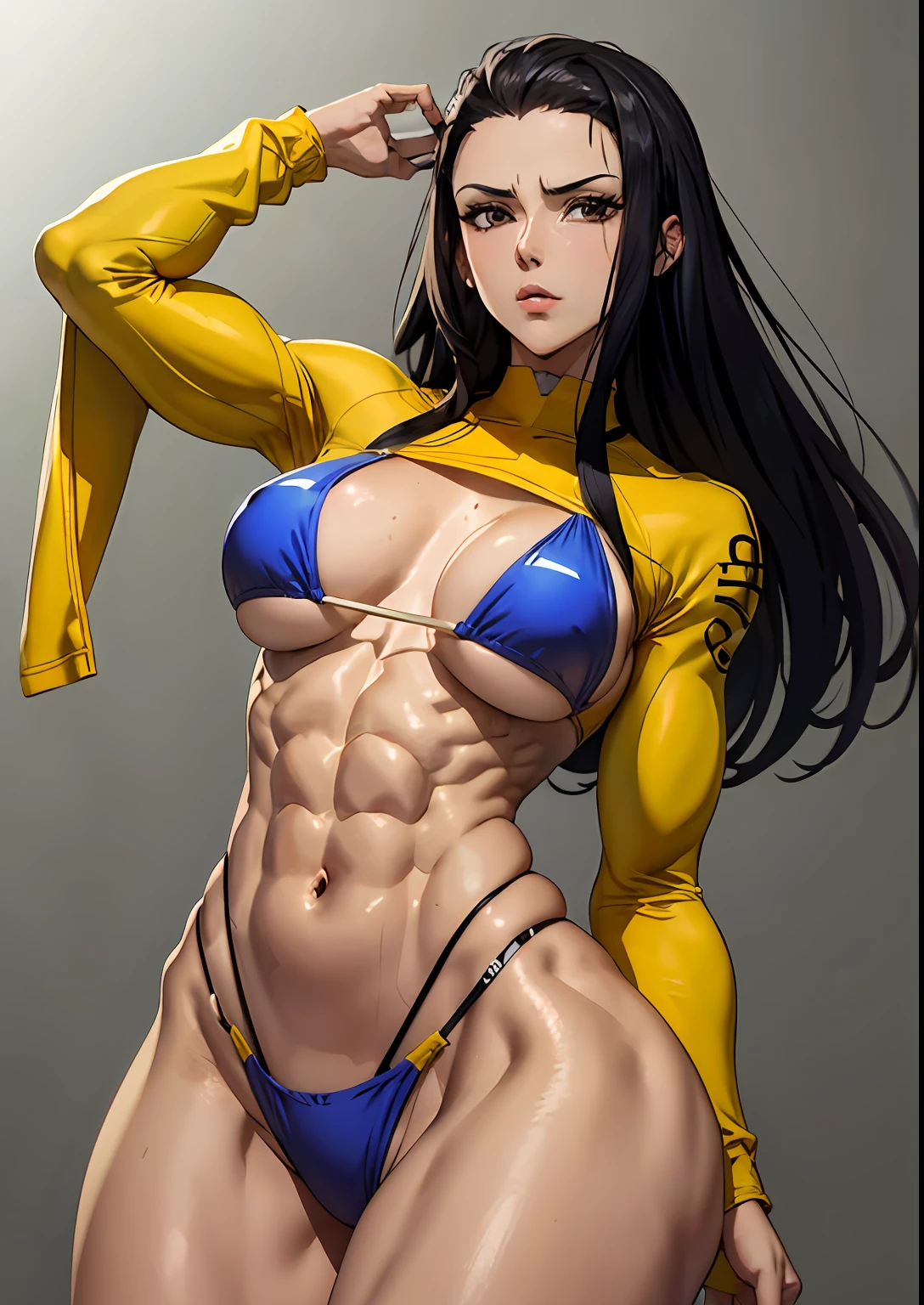 1Menina, (musculoso: 0.7), umbigo, coxas, ombros nus, fundo simples, roupas esportivas, sorrir, Peito grande, Bumbum grande (obra-prima, alta qualidade: 1.1), olhos perfeitos, rosto perfeitamente sexy, corpo sexy, Ultra Detalhado, cameltoe avantajado, peitos avantajados, pose erotica, micro bikini, ,fisiculturista, rosto bonito, serious face, olhos perfeitos, corpo perfeito, healthy body, abdomen, musculoso, estrutura corporal detalhada, all parts are clearly visible, pose dinamica, Cameltoe em destaque, micro bikini, Dynamic background, Nico Robin (One Piece)