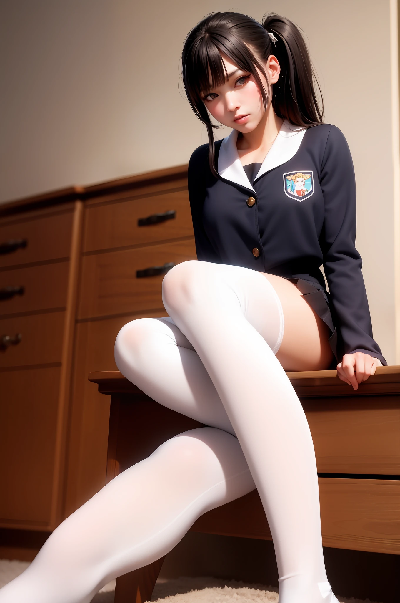 Ultra-realistic 8K CG,Flawless face,flawless perfection,Ren,tmasterpiece,professionalartwork,famousartwork,cinematicbloom,1 girlirl,By bangs,little breast,eyeslashes,eye shadows,hair adornments,inside room,res lips,Long hair and double ponytail,Look at the viewer,pantyshot,pleatedskirt,school uniformss,serafuku,are standing,a skirt,A sole,独奏,Stockings,lingeries,white leggings underneath,white panties,ssmile,独奏