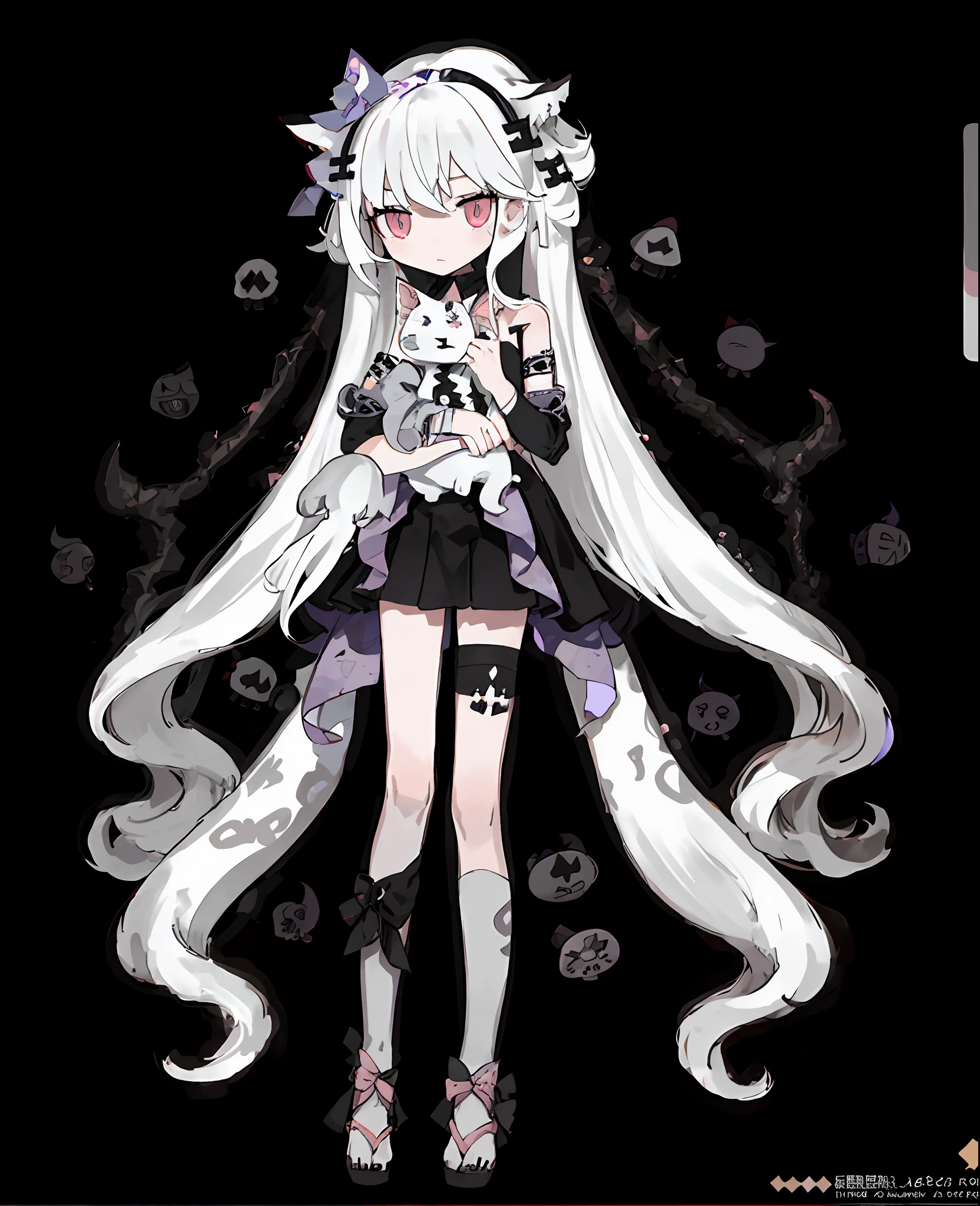 anime girl with long white hair and pink eyes holding a cat, full body adoptable, anime monster girl, demon anime girl, gapmoe yandere grimdark, white-haired god, Skeleton element，White tentacle hair，From Arknights, character adoptable, beautiful necromancer girl, gothic maiden anime girl, neferpitou, Very beautiful girl with big eyes