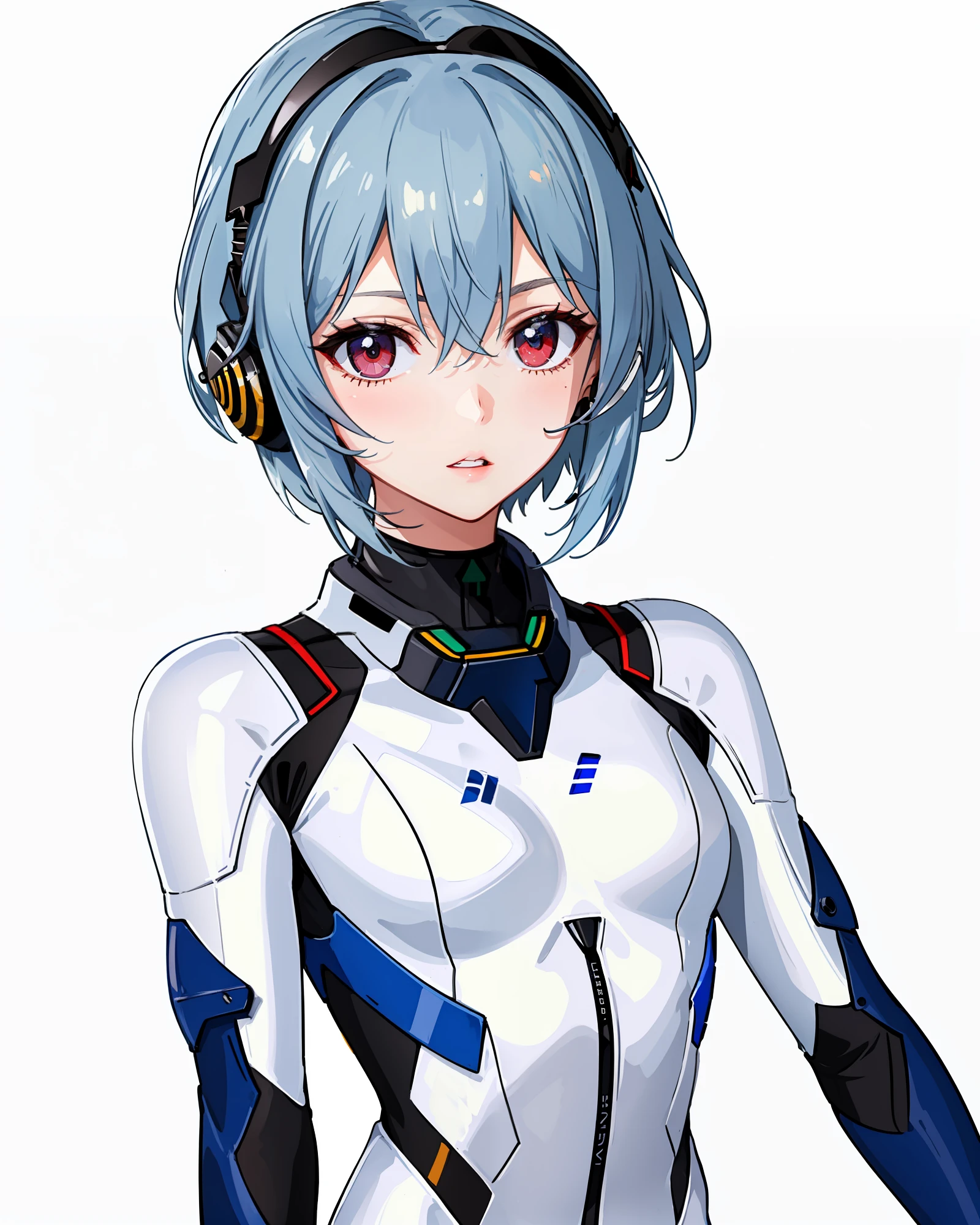 best quality,highly detailed,masterpiece,ultra-detailed,solo,1girl,(white background:1.5),(Delicate eyes),1girl, plugsuit, ayanami_rei, bodysuit, white_bodysuit, red_eyes, solo, simple_background, white_background, pilot_suit, short_hair, blue_hair, bangs, interface_headset, turtleneck, hair_between_eyes, skinny, parted_lips, looking_at_viewer, small_breasts, upper_body