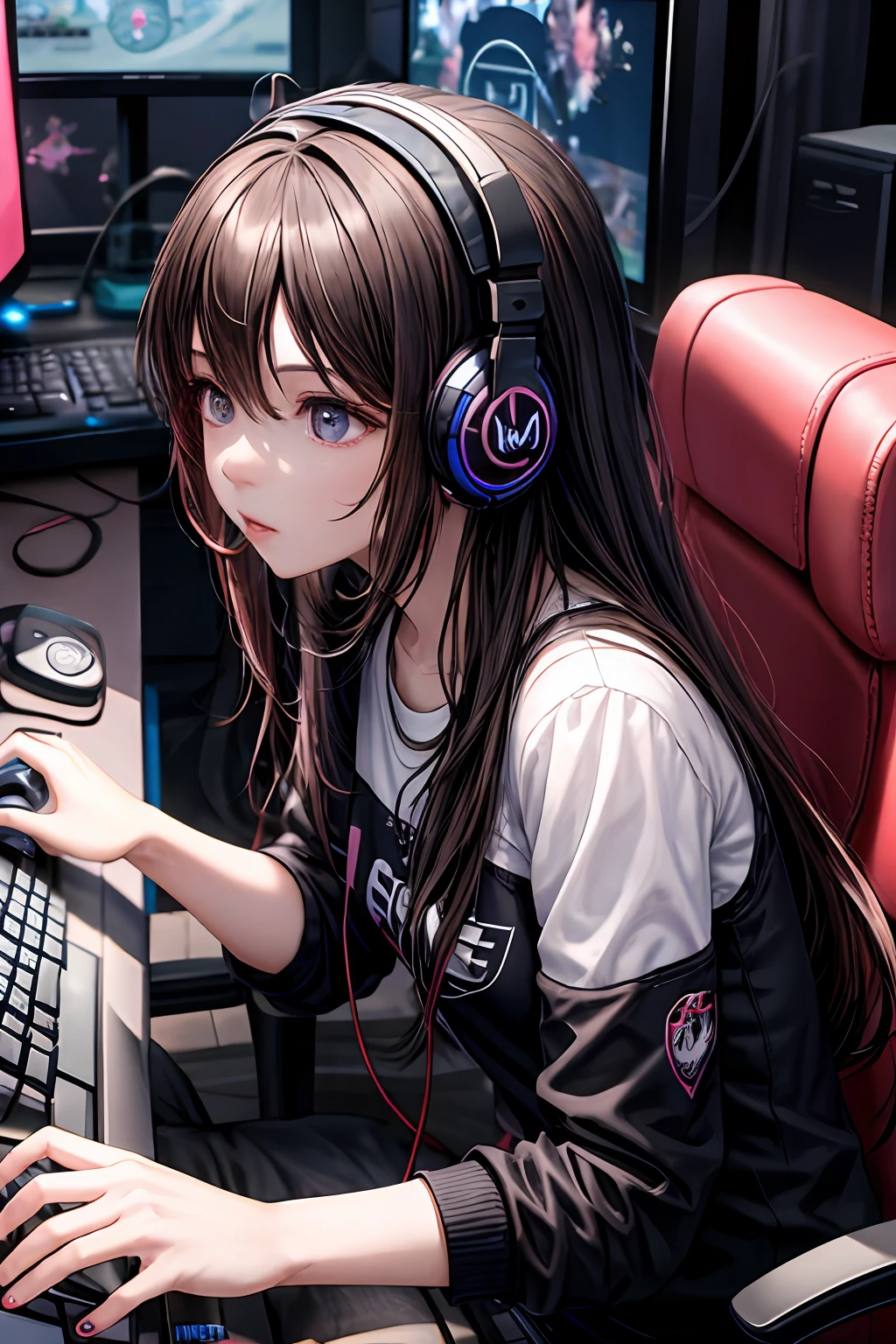 maribelle fe, masterpiece, ultra high quality cg, best quality, girl solo, middle, Japanese and Russian mix, long hair, dark hair, gaming platform, gaming pc, pink theme room, gaming keyboard, gaming headphone, gaming console, bubble gum, kissing face
