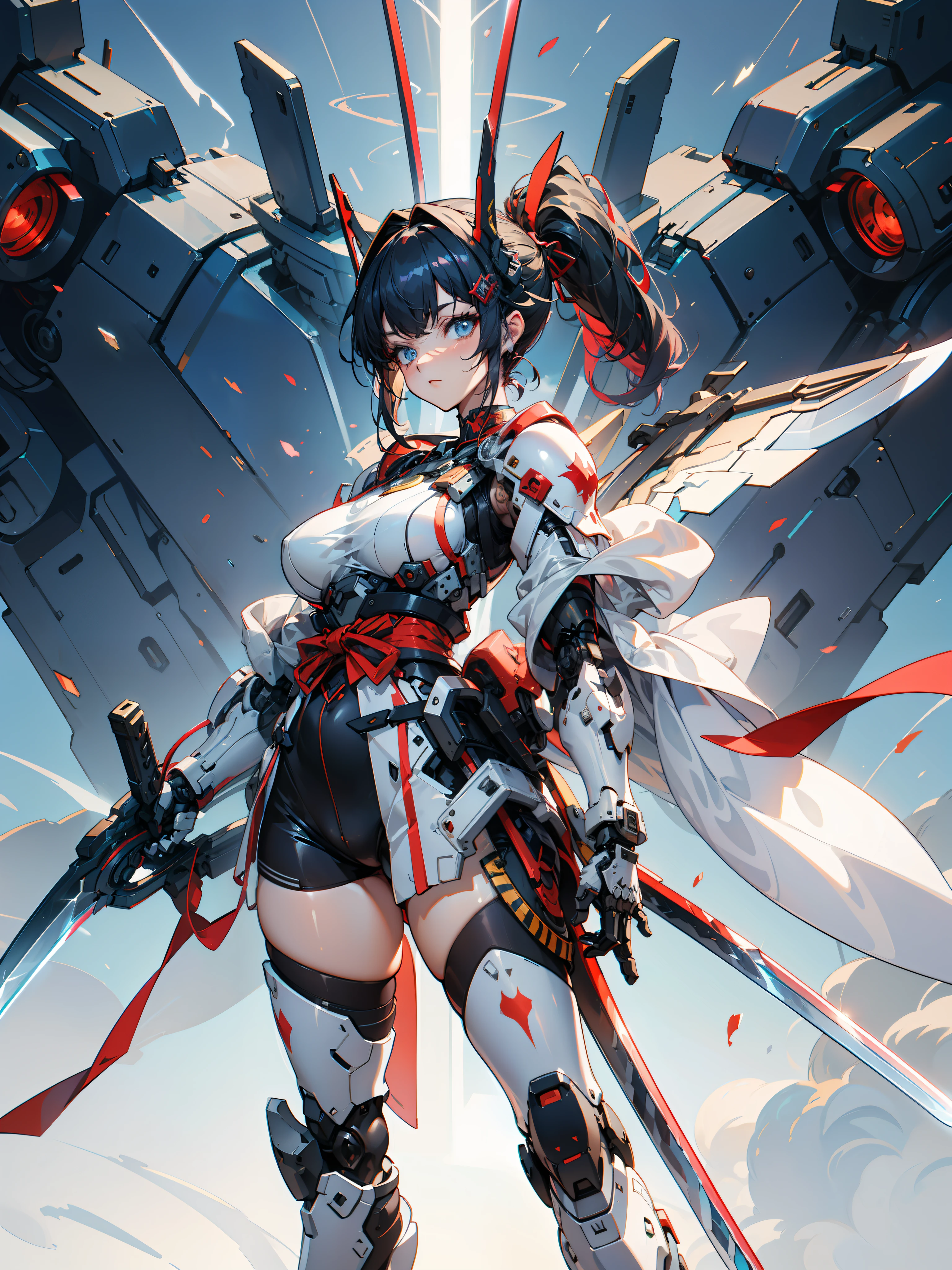 hyper quality, Hyper Detailed,Perfect drawing,Solo, Beautiful Girl, master piece, (mecha musume), Mechanical armor, Headgear, mechanical wings, holding huge gunSamurai wielding a sword, Black ponytail, Hair tied up with a large red ribbon, Equipped with two Japan swords ((extra huge oversize cool samurai_sword in hands, extra huge cool weapon machine)), open stance, actionpose,purgatory,
