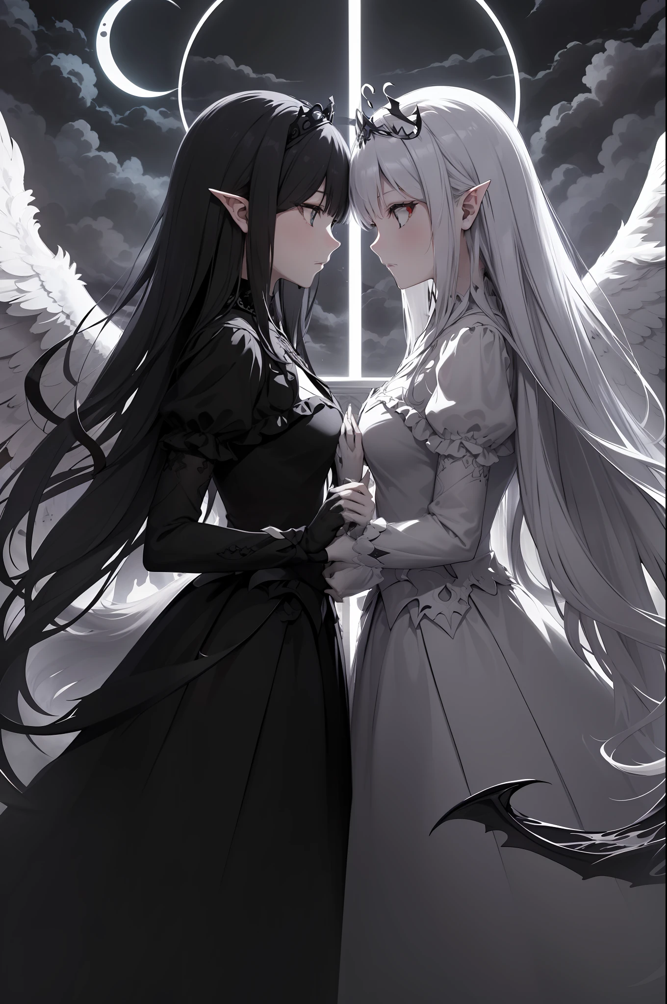 very best quality,Extremely detailed CG unity 8k,Close-up of,illustratio,depth of fields,cowboy lens,The role is centered,symetrical composition,(twins,2girls,The angel,devils,Angel wings,Devil vampire wings),Wolf tail,Wolf ears,Very long hair,dishevled hair,ldisheveled hair, ,(beautiful detailed eyes),(tiara crown:1.1),pleatedskirt,puffy long sleeves,(themoon:1.2),((black cloud)),(((Flowing transparent black))),(Floating black clouds:1.2 ), architectural, depth of fields, the castle,( Black and white fusion, Black and white lines,Line drawings, monocrome,sketching)