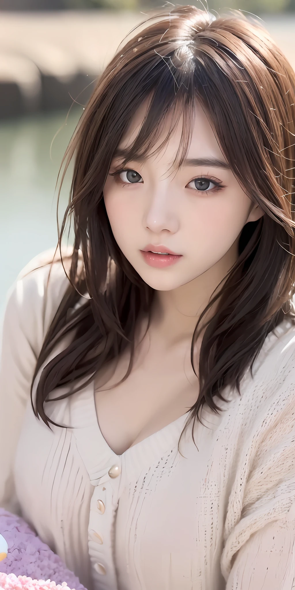 1girl walking on the river, mix4, sweater, pillow, lips, open_mouth, realistic, photo_\(medium\), solo, stuffed_animal, stuffed_toy, teddy_bear, (masterpiece), (realism: 1.3), super detailed, (High detail skin: 1.2), (Best quality: 1.0), (Ultra resolution: 1.0), (ULZZANG-6500: 0.3), wavy detail hair, long hair, sunshine, (beautiful detail makeup), (sexually aroused blush, heavy breath: 1.0), floral theme petals scattered, (soft light bloom: 0.5)