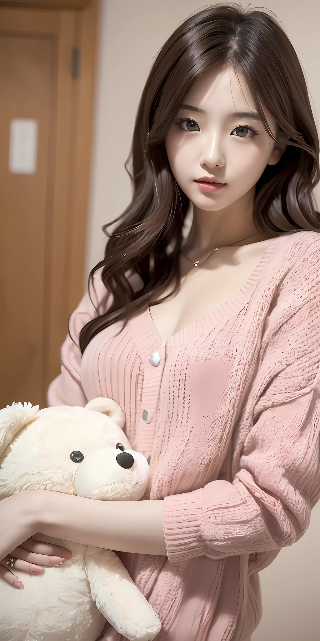 1girl walking on the river, mix4, sweater, pillow, lips, open_mouth, realistic, photo_\(medium\), solo, stuffed_animal, stuffed_toy, teddy_bear, (masterpiece), (realism: 1.3), super detailed, (High detail skin: 1.2), (Best quality: 1.0), (Ultra resolution: 1.0), (ULZZANG-6500: 0.3), wavy detail hair, long hair, sunshine, (beautiful detail makeup), (sexually aroused blush, heavy breath: 1.0), floral theme petals scattered, (soft light bloom: 0.5)