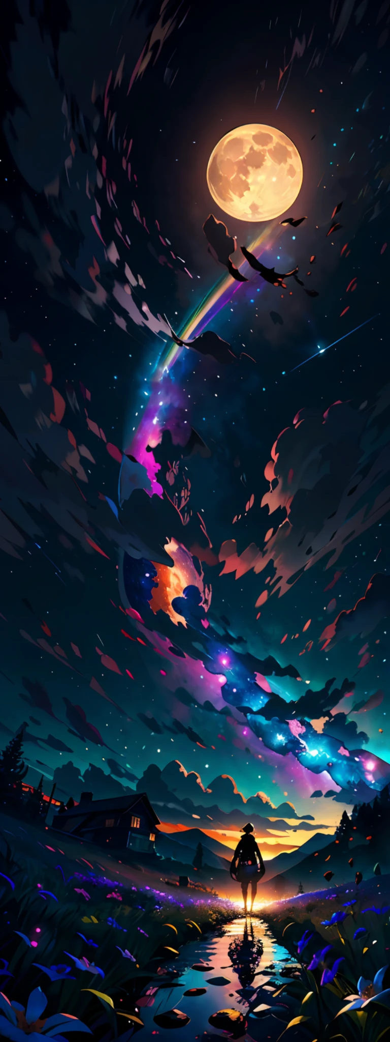 A wide landscape photo, (viewed from below, the sky is above, and the open field is below), a girl standing on a flower field looking up, (full moon: 1.2), (meteor: 0.9), (nebula: 1.3), distant mountains , Trees BREAK Crafting Art, (Warm Light: 1.2), (Firefly: 1.2), Lights, Lots of Purple and Orange, Intricate Details, Volumetric Lighting BREAK (Masterpiece: 1.2), (Best Quality), 4k, Ultra Detailed, (Dynamic Composition: 1.4), Rich in Detail and Color, (Rainbow Color: 1.2), (Glow, Atmospheric Lighting), Dreamy, Magical, (Solo: 1.2)