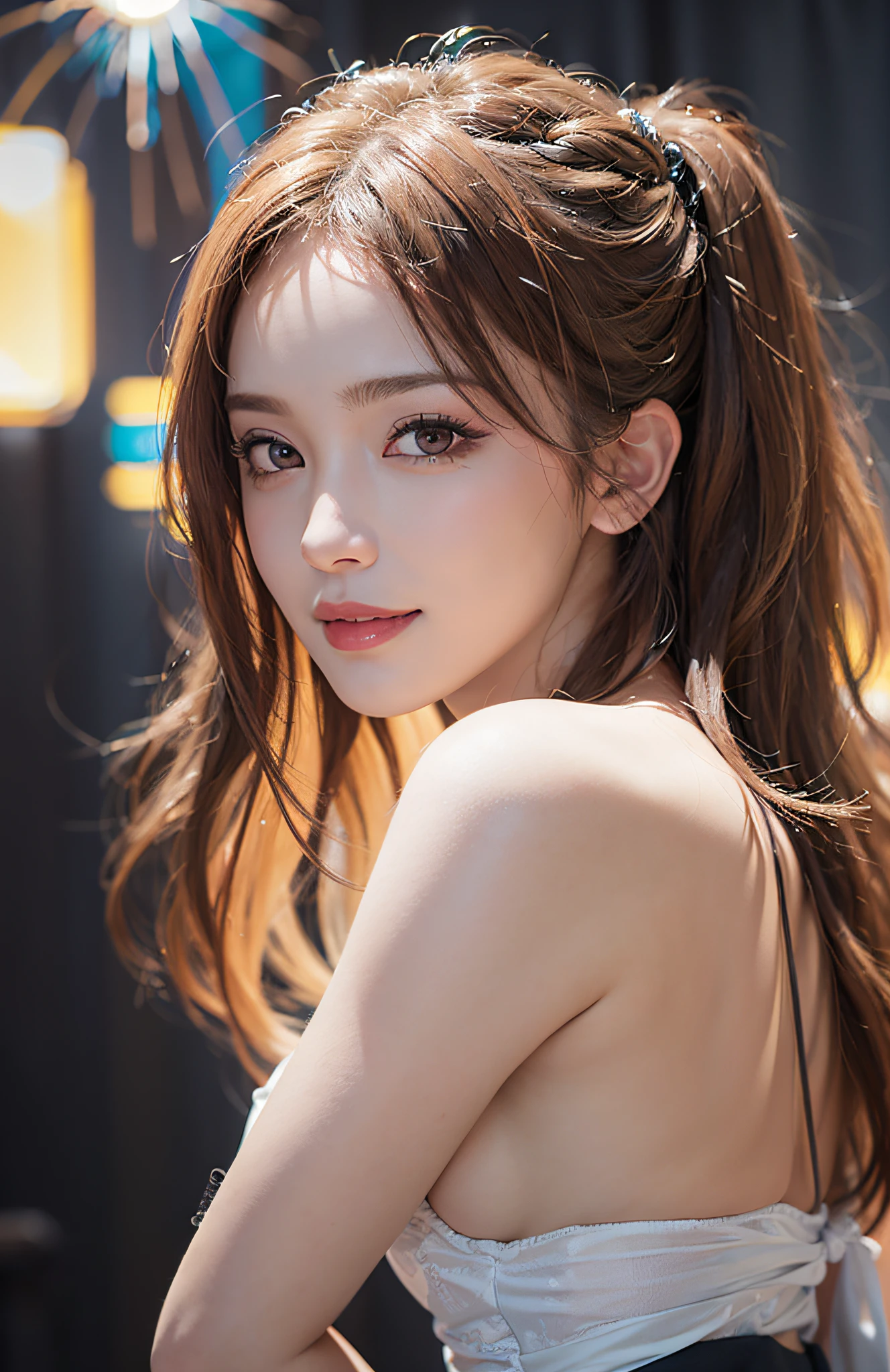 (A hyper-realistic)、(illustratio)、(high - res)、(8K)、(highly detaile)、(Best Illustration)、(beautifully detailed eyes)、(beste-Qualit)、(ultra-detailliert)、(masterpiece)、(wall-paper)、(detailed face with)、独奏、a 1 girl、fullllbody、(Burst breasts:1.5)、Complex summer clothes、Stage costumes、mini-skirts、frilld、Ren Hao、female idol、Dancing on stage、Eyes on the viewer、Detailed eyes and mouth、detailed face with、stage、lowkey、pureerosfaceace_v1、Happy smiling face、Wave blonde、Clean bangs、Beautiful teeth alignment、Blushing cheeks、from behind and be、Backshots、poneyTail