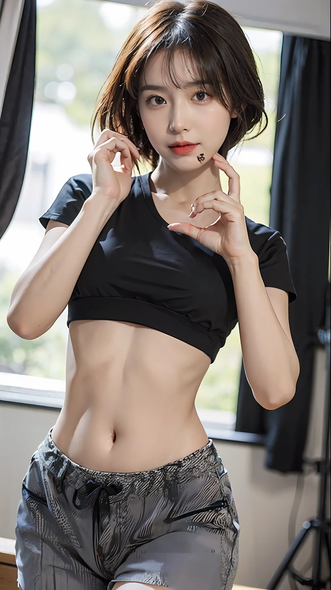 (Original photo: 1.2), (Realistic: 1.4), (Masterpiece: 1.3), (Best quality: 1.4), Dreamy, (detailed eyes), (detailed facial features), (detailed clothing features), Skin tightness, (Shiny skin), (Slim Girl), (Slim Girl), (Slim Girl), 1 Girl, Veronica Code, Solo, Cute, Bangs, Short brown hair, Black eyes, (Medium breasts), ((Shirt)), Dynamic pose, (Kodak Film Color) ((Camera not visible)) ((White Studio) (Studio Light) ,(crop top:1.4)